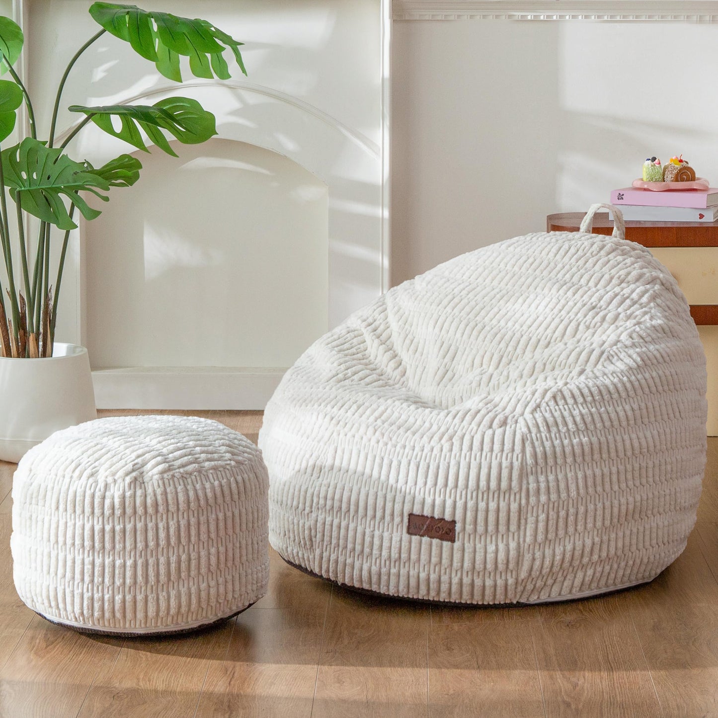 MAXYOYO Kids Bean Bag Chair with Ottoman, Soft Floor Bean Bag Sofa, Beige