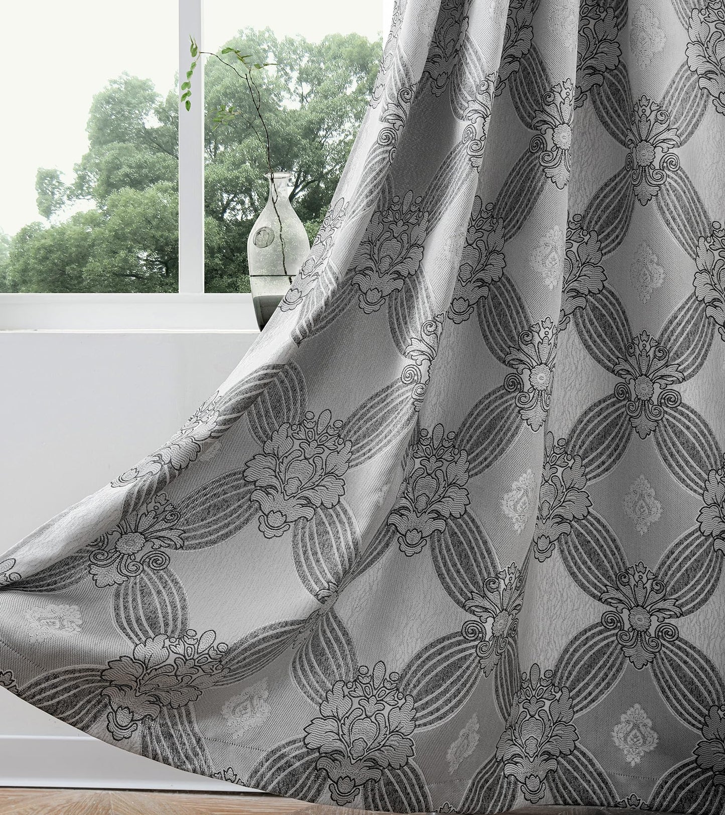 Petrichor Elegant Curtains with Gold Silver Threads 2 Panels Set - Luxury Window Treatment Attached Valance, Sheer Backing, and 2 Tie Backs for Bedroom and Living Room, 54x84 inches, Silver