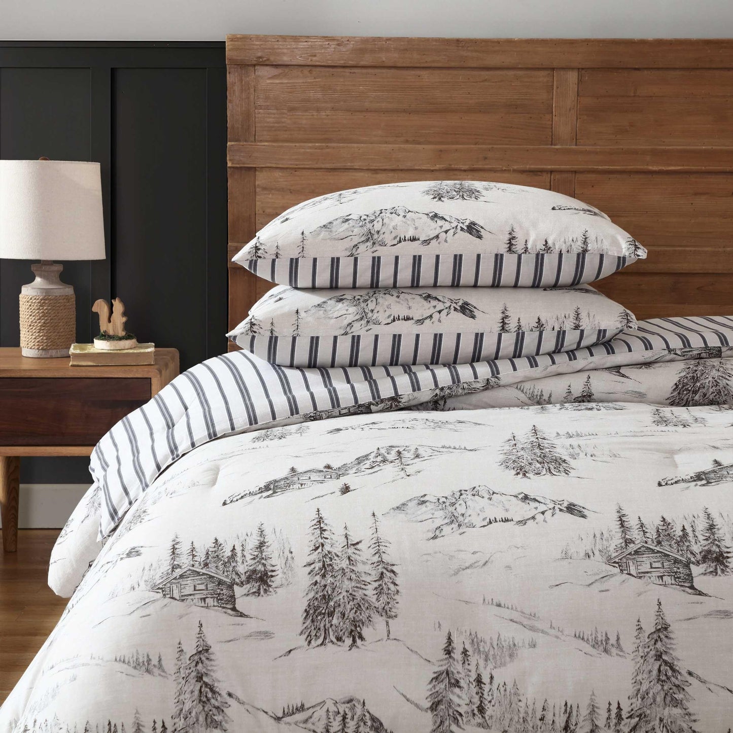 Eddie Bauer - Queen Duvet Cover Set with Shams, Cotton Percale Bedding, Reversible, Center Closure, Rocky Mountain Cabin Grey