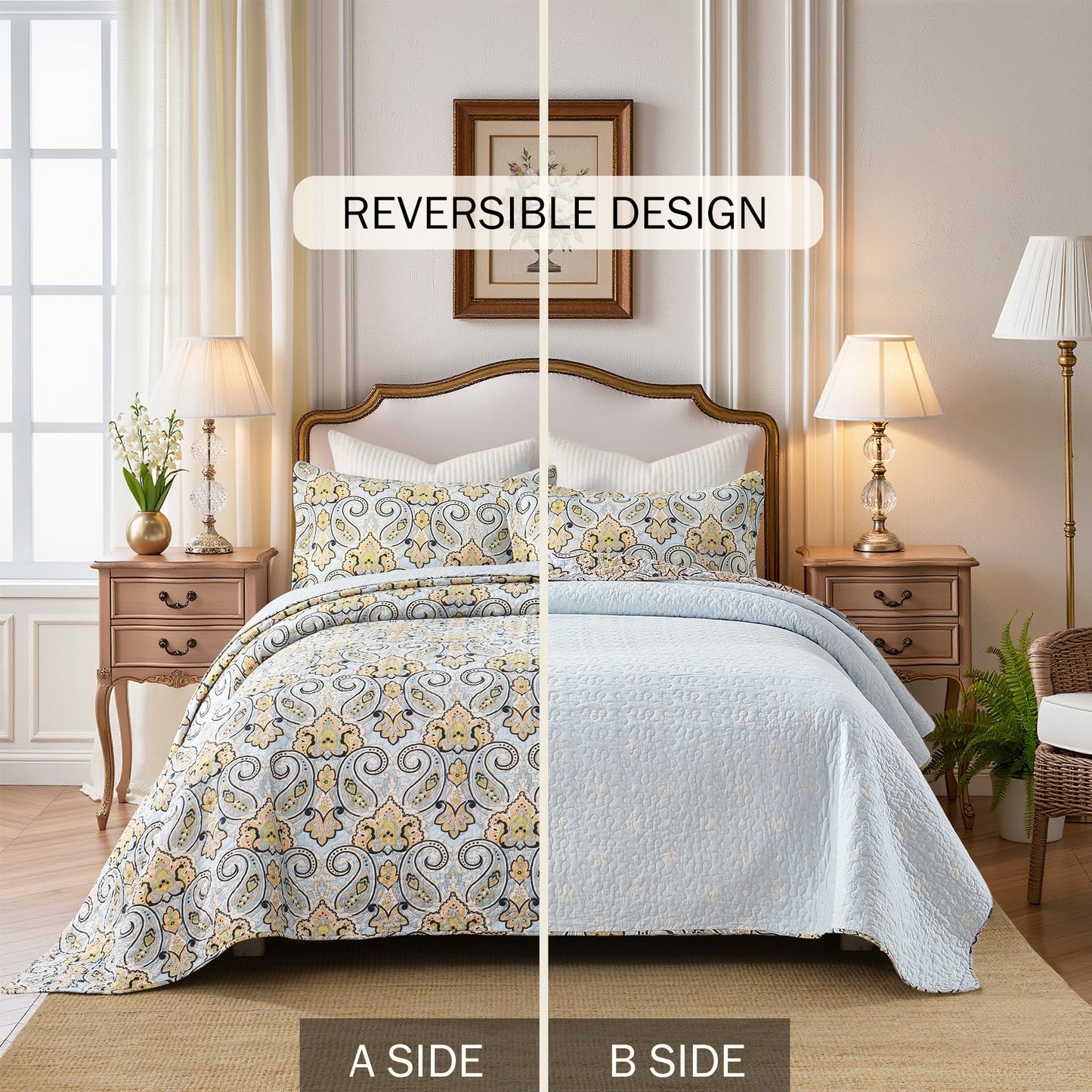 BCOTTOND Paisley King Size Quilt Set - Reversible Paisley Floral Quilts King Size, 100% Cotton Lightweight Bedspread Set, Luxury Quilt Bedding Set for King Bed, Sky Blue & Soft Orange, 106×98