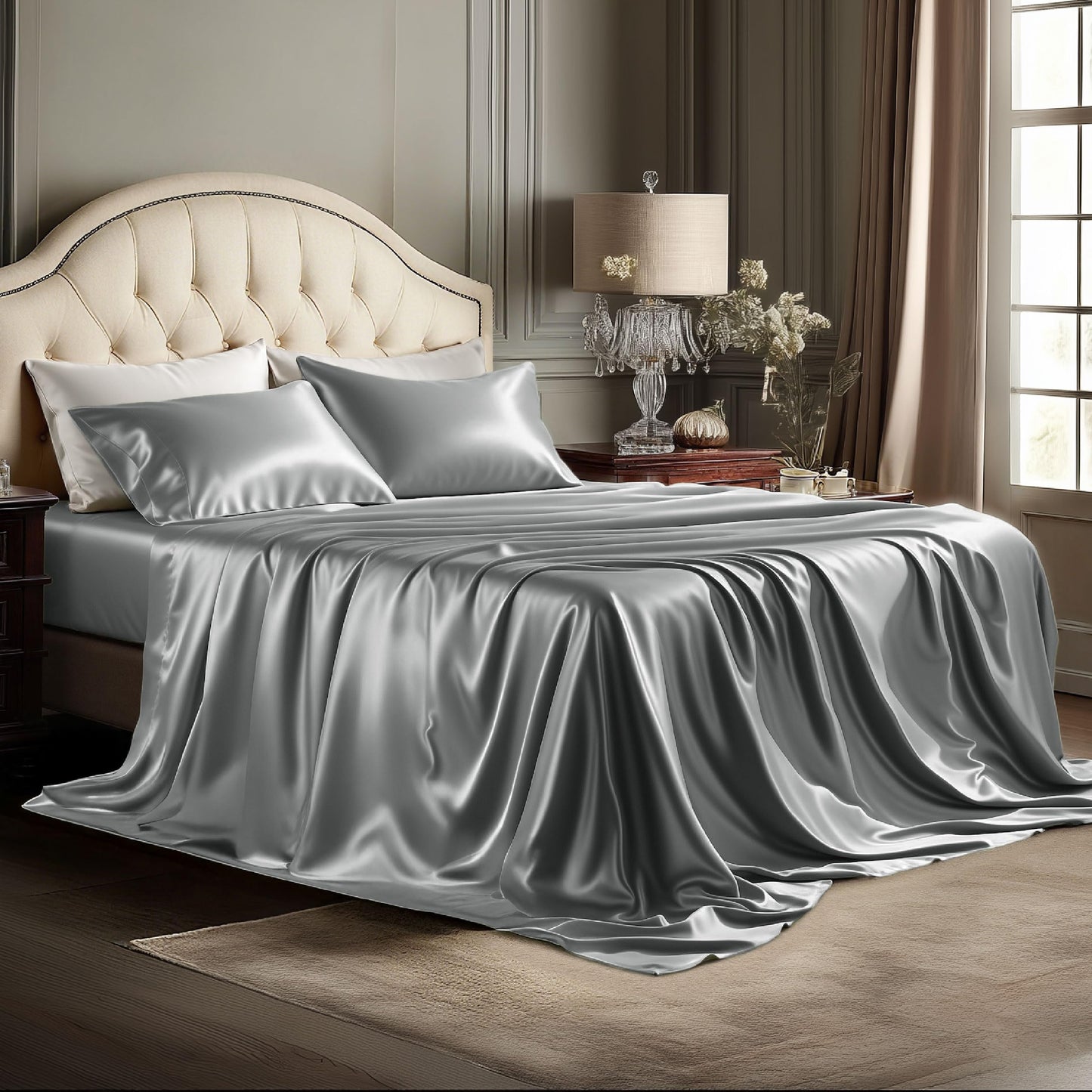 Bedsure Satin Sheets Full Size - 4 Piece Silky Bedsheets with Elastic Corner Straps and 15 Inches Deep Pocket Fitted Bedsheet,1 Flat Sheet, 2 Satin Pillowcases, Good for Hair & Skin (Full, Dark Grey)