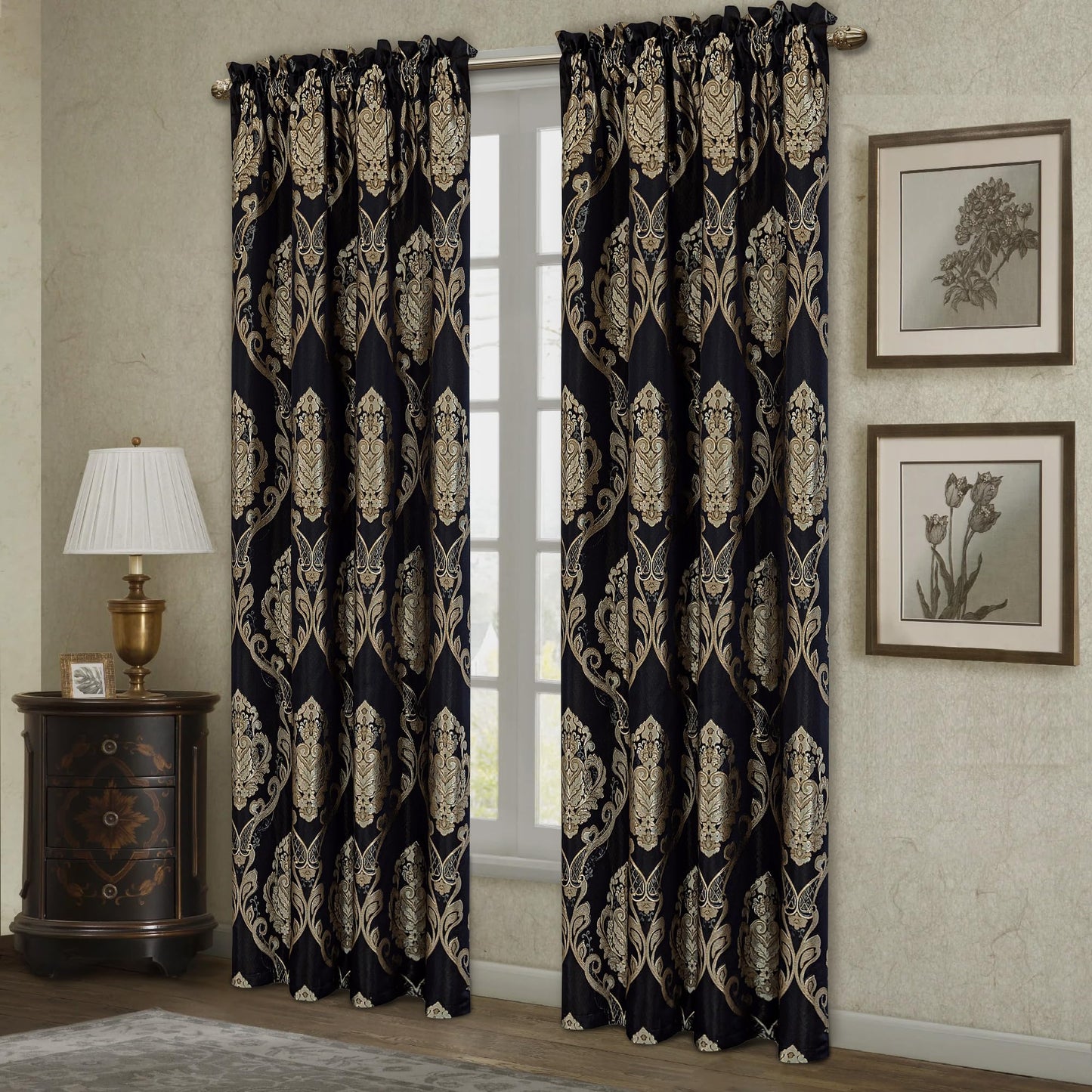 Loom and Mill Luxury Damask Curtains for Bedroom, Lined Thick Jacquard Blackout Curtains with Tiebacks, Window Curtain for Living Room Party Banquet Decor (2 Panels, 52 x 84 Inch, Black)