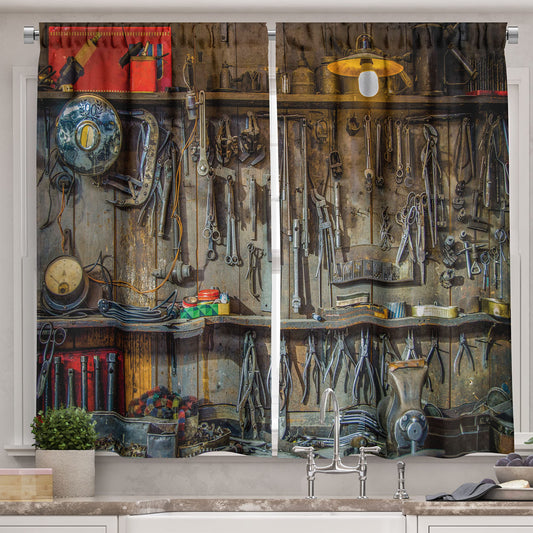 Ambesonne Man Cave Long Kitchen Curtains, Vintage Style Tools Hanging on The Wall in a Tool Shed Workshop Fixing Equipment, Two Panels Drapes with Rod Pocket Room Decor, 55" X 45", Soft Brown