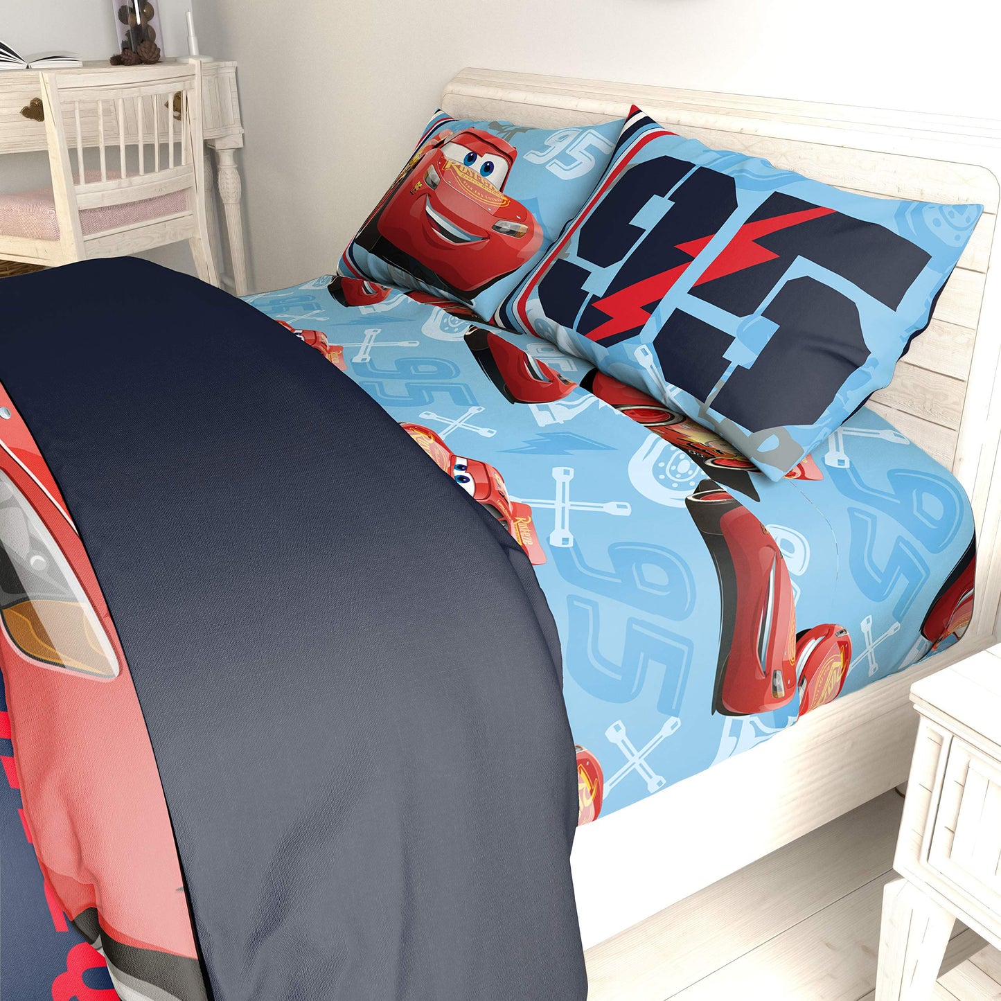 Jay Franco Kids Sheet Set with Fitted, Flat Sheets & Pillow Cover - Ultra-Soft Bedding with Pillowcase for Room Decor, Blue - Cars, 4 Piece Full