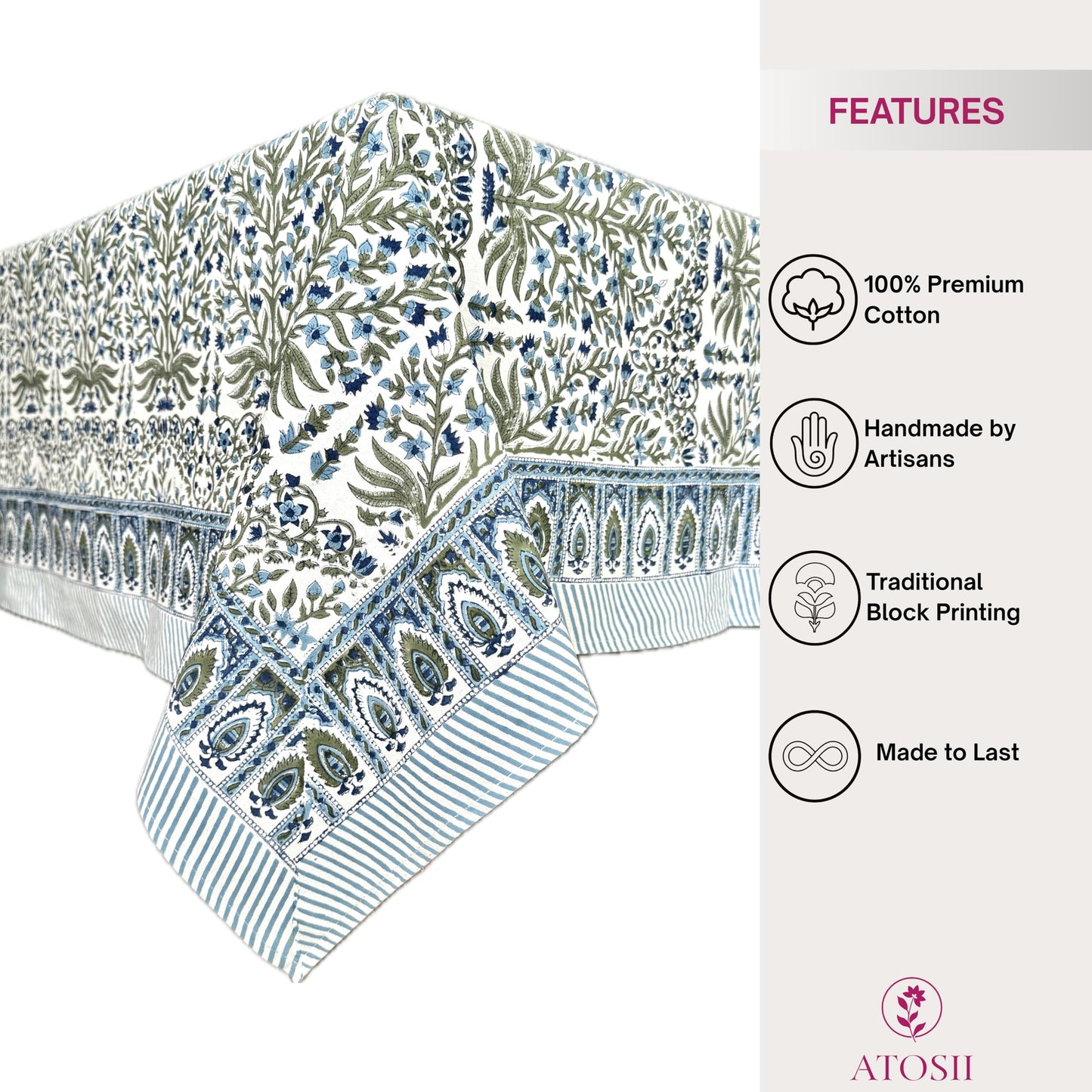 ATOSII Nargis Blue 100% Cotton Rectangle Summer Tablecloth, Indian Block Print Floral Table Cloth I Dining Parties Weddings Outdoors Holidays 60 X 90 Inches 6 Seater I Grandmillennial Farmhouse Boho