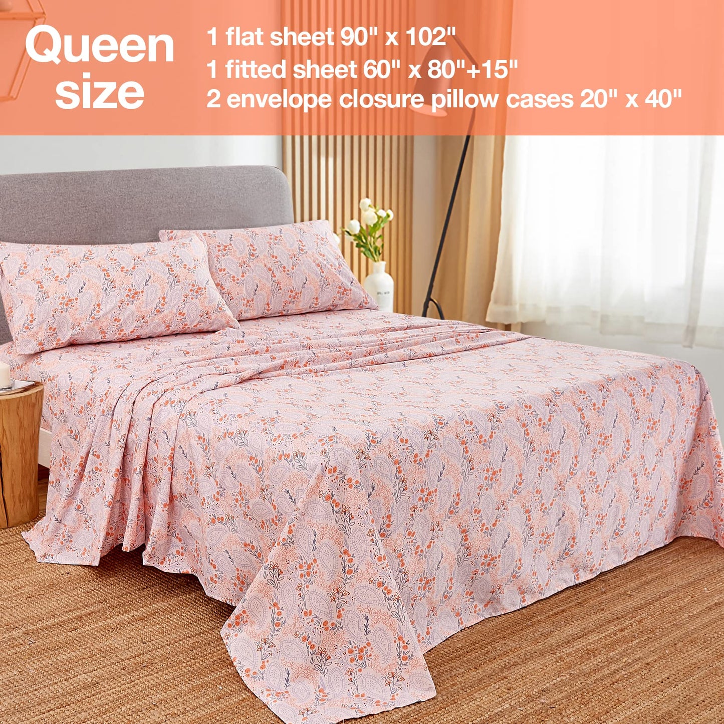 JSD Pink Paisley Floral Sheet Set Queen Size, 4 Piece Soft Printed Microfiber Sheets Extra Deep Pocket