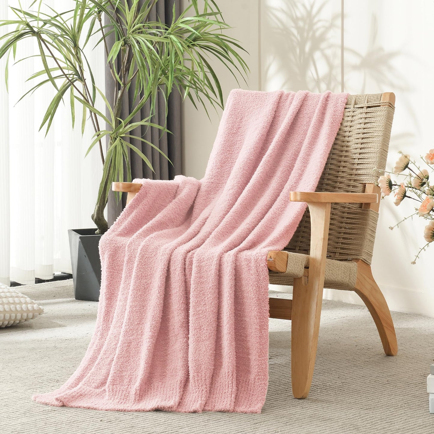 JOOJA Light Pink Throw Blanket, Soft Fluffy Fuzzy Knit Blanket for Couch Bed Sofa, Cozy Plush Warm Blanket for Bedroom Living Room, Spring Home Decor, 50x60 Inches