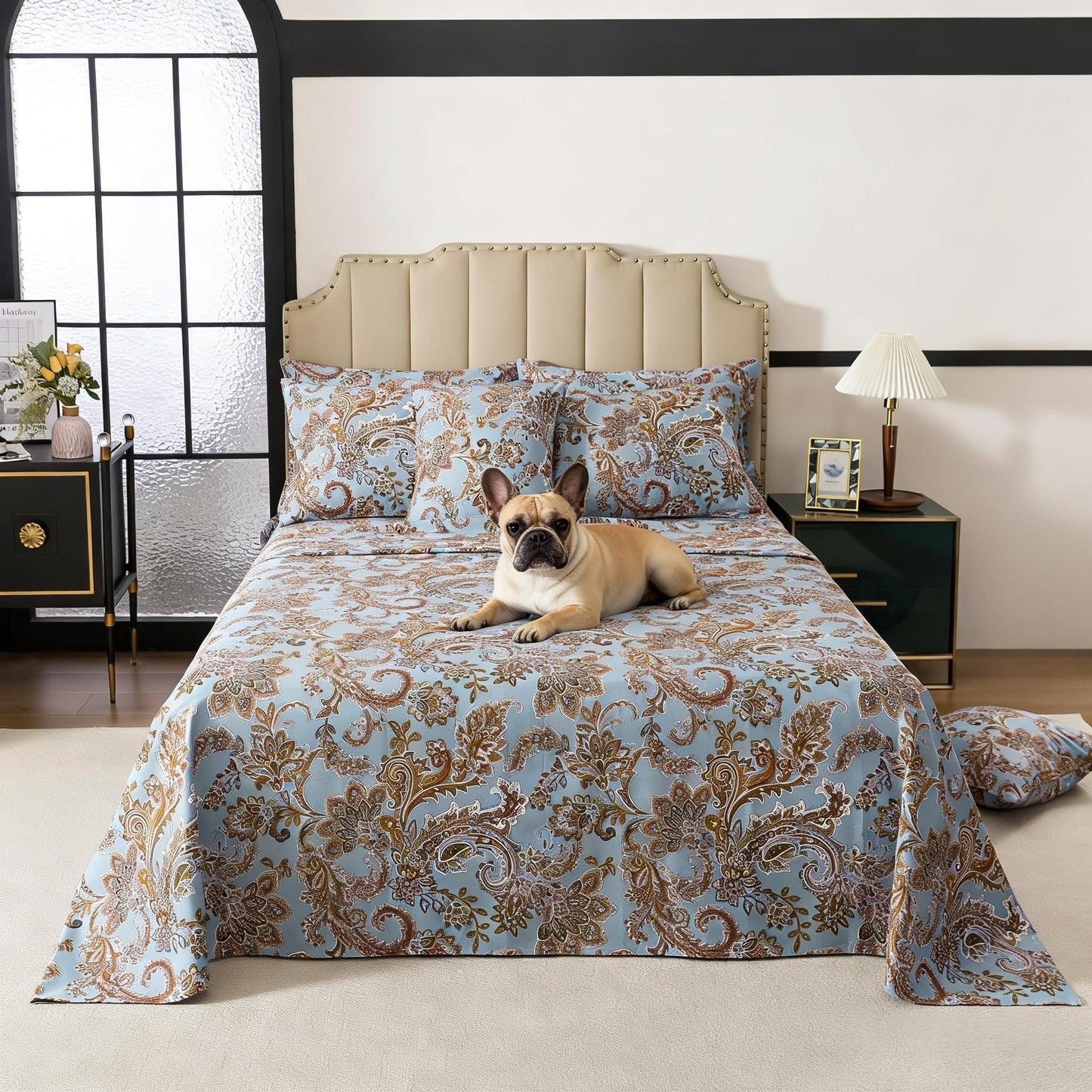 FADFAY Luxury Queen Percale Cotton Sheet Set – Elegant Vintage Blue Paisley Bedding, Ultra Soft & Breathable, Deep Pocket Fitted Sheet, Timeless French Country Heirloom Style, 4 Piece Set