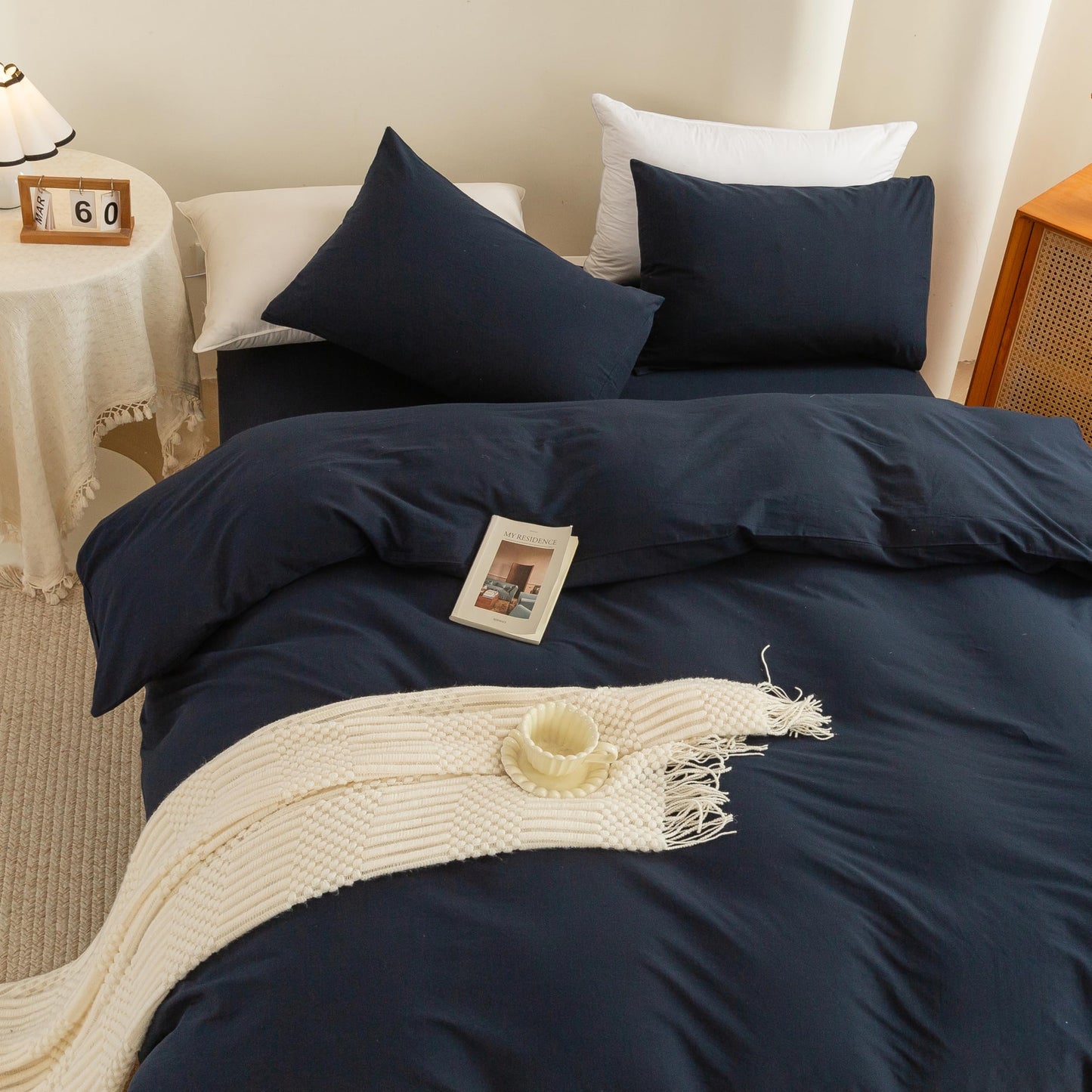 ECOCOTT Navy Blue Duvet Cover Queen Size, 100% Washed Cotton 3 Piece Bedding Set 1 Duvet Cover with Zipper and 2 Pillowcases, Ultra Soft and Easy Care Breathable Duvet Cover(Navy Blue, Queen)