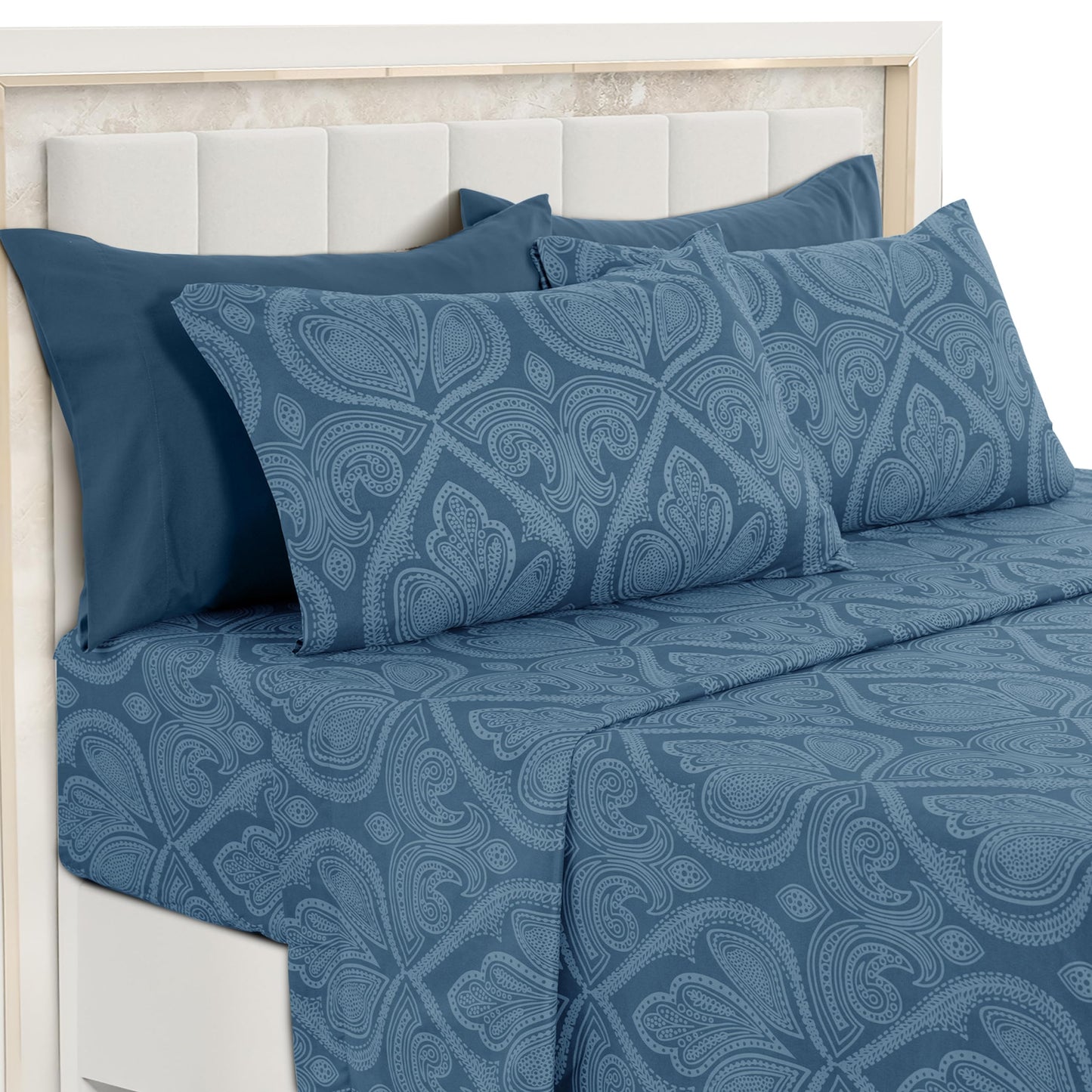 Ultra Soft Wrinkle-Free Microfiber Paisley Queen Sheet Set, Cute Floral Pattern Boho Print – 16" Deep Pocket Fitted Sheet, Flat Sheet & 4 Pillowcases, Breathable, OEKO-TEX - Navy Blue