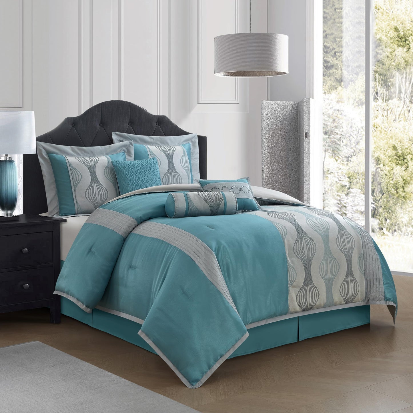 Stratford Park 7 Piece Blue Comforter Set, Queen Size Jacquard Bedding Set, All Season Geometric Patchwork Bedding Set, Matching Pillows, Shams, Bed Skirt
