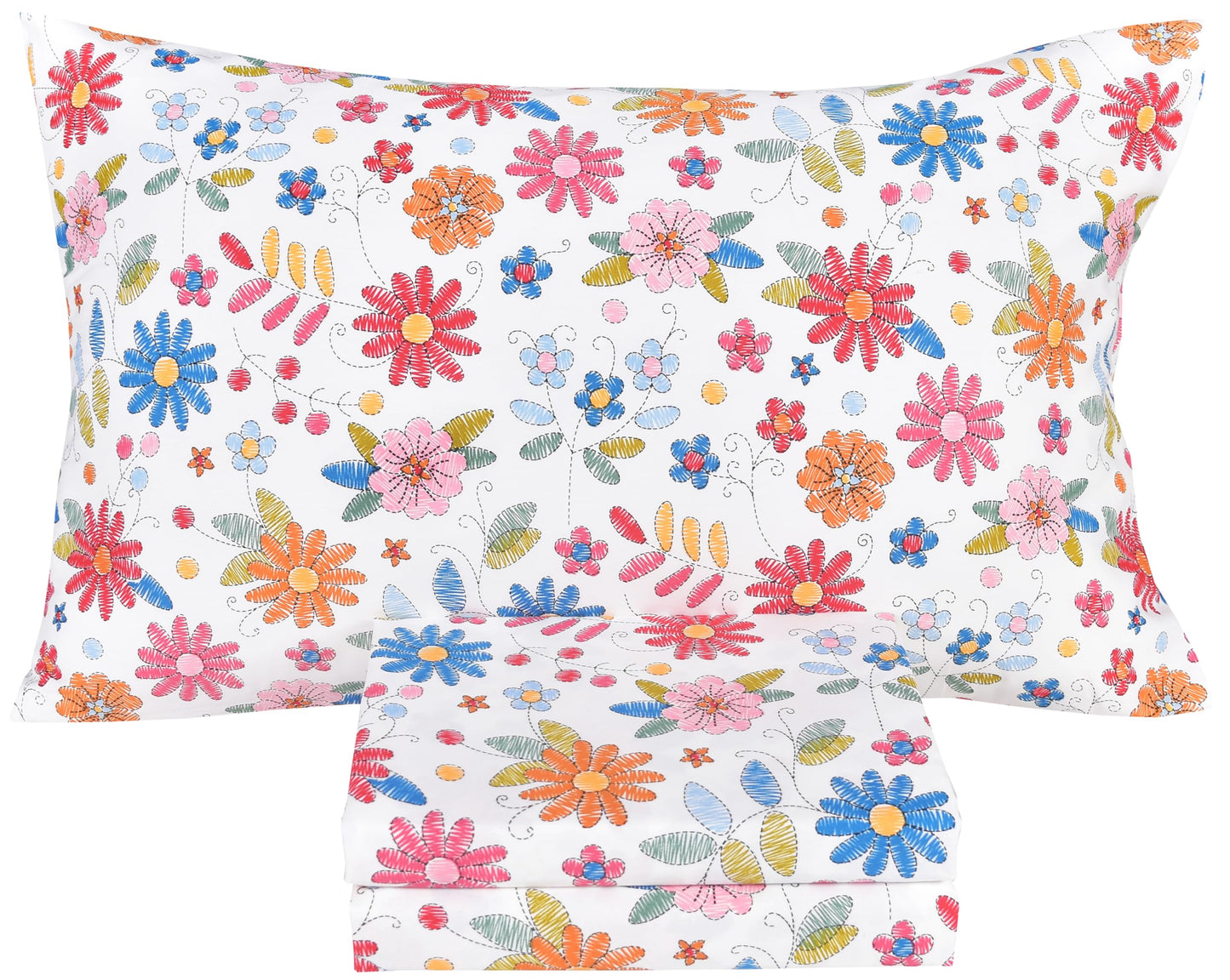 Scientific Sleep Kids Hand Sketch Flower Leaves Pastoral Garden Cute 100% Cotton 3 Pcs Twin Bed Sheet Set Kids Girls Teen, Flat Sheet & Fitted Sheet & Pillowcase Girls Room Decro Bedding Set