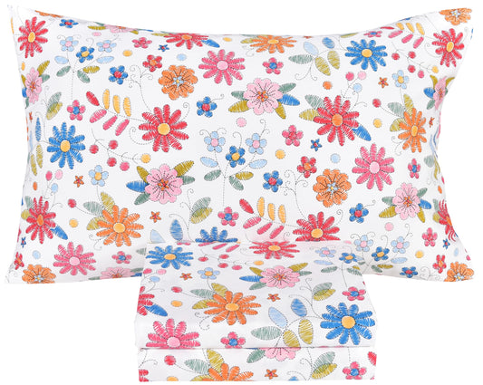 Scientific Sleep Kids Hand Sketch Flower Leaves Pastoral Garden Cute 100% Cotton 3 Pcs Twin Bed Sheet Set Kids Girls Teen, Flat Sheet & Fitted Sheet & Pillowcase Girls Room Decro Bedding Set