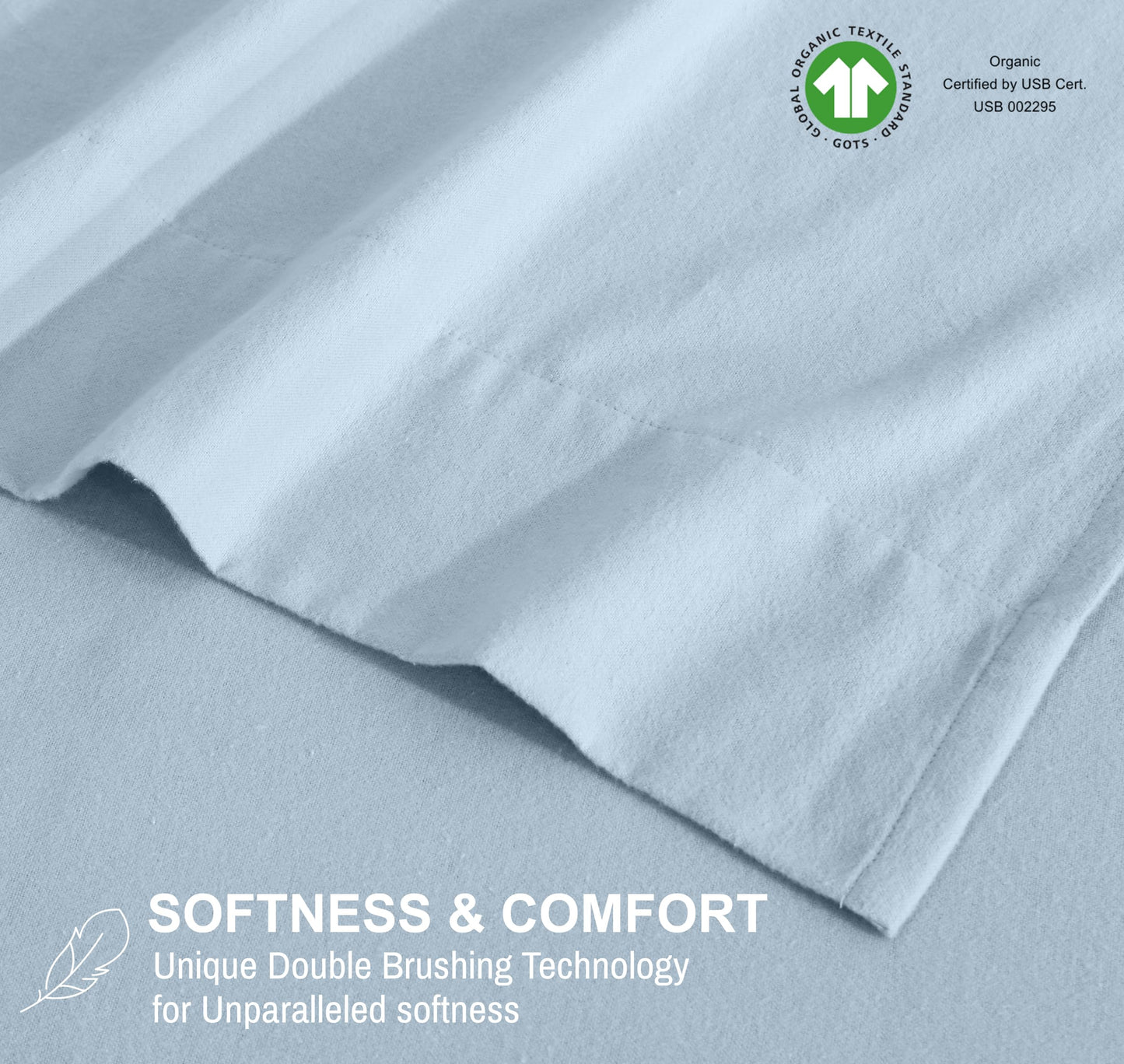RUVANTI Flannel Sheets Queen Size - GOTS Certified 100% Organic Cotton, 4 Piece Warm, Soft & Breathable Set, Deep Pocket Snug Fit, Double Brushed Cozy All Season Bedding, Baby Blue