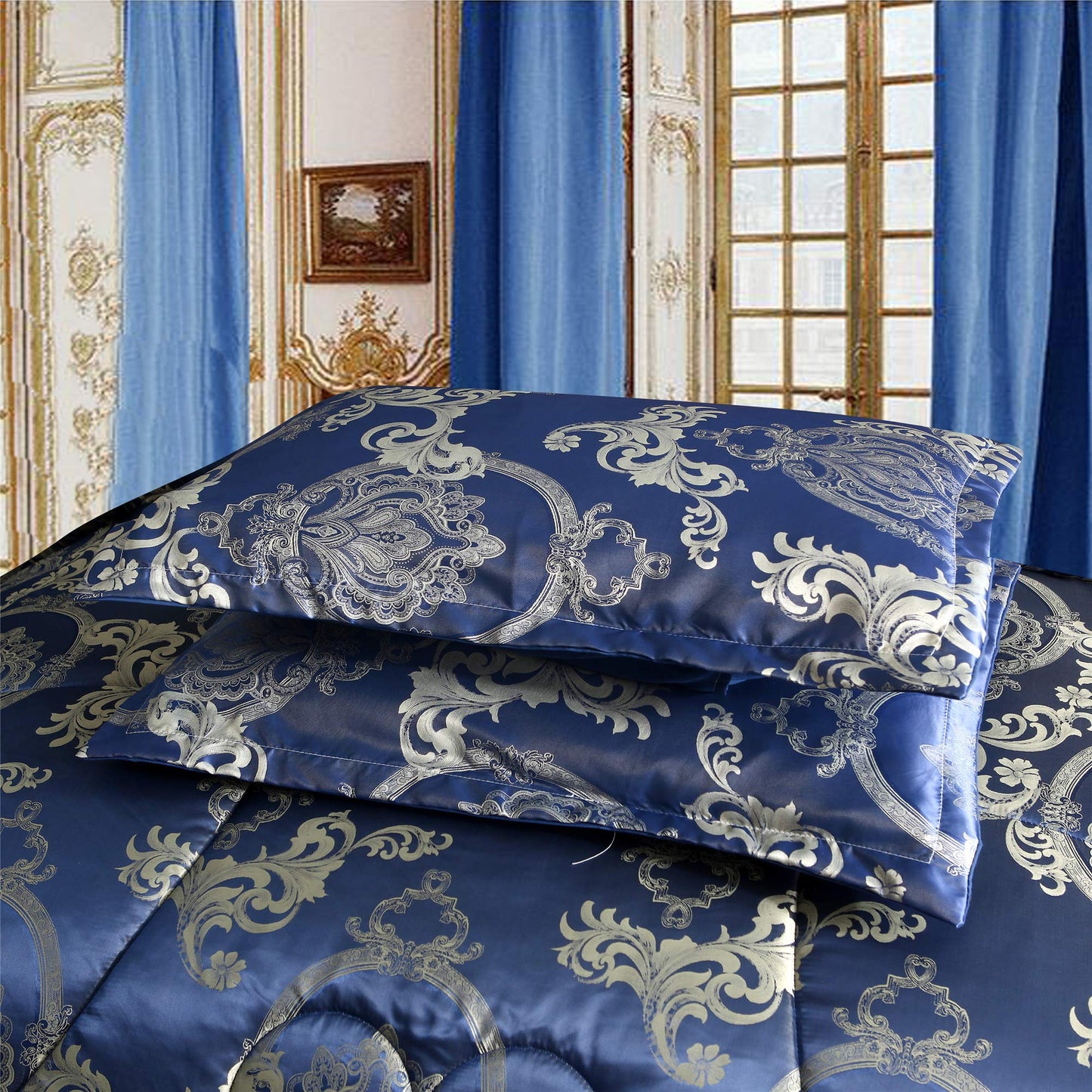 Raytrue-X King Comforter Set Silk Blanket All Season Bed Comforter King Set Royal Blue Jacquard Quilt Soft Microfiber Bedding Sets Matching 2 Pillow Shams(King, 104x90 inches)