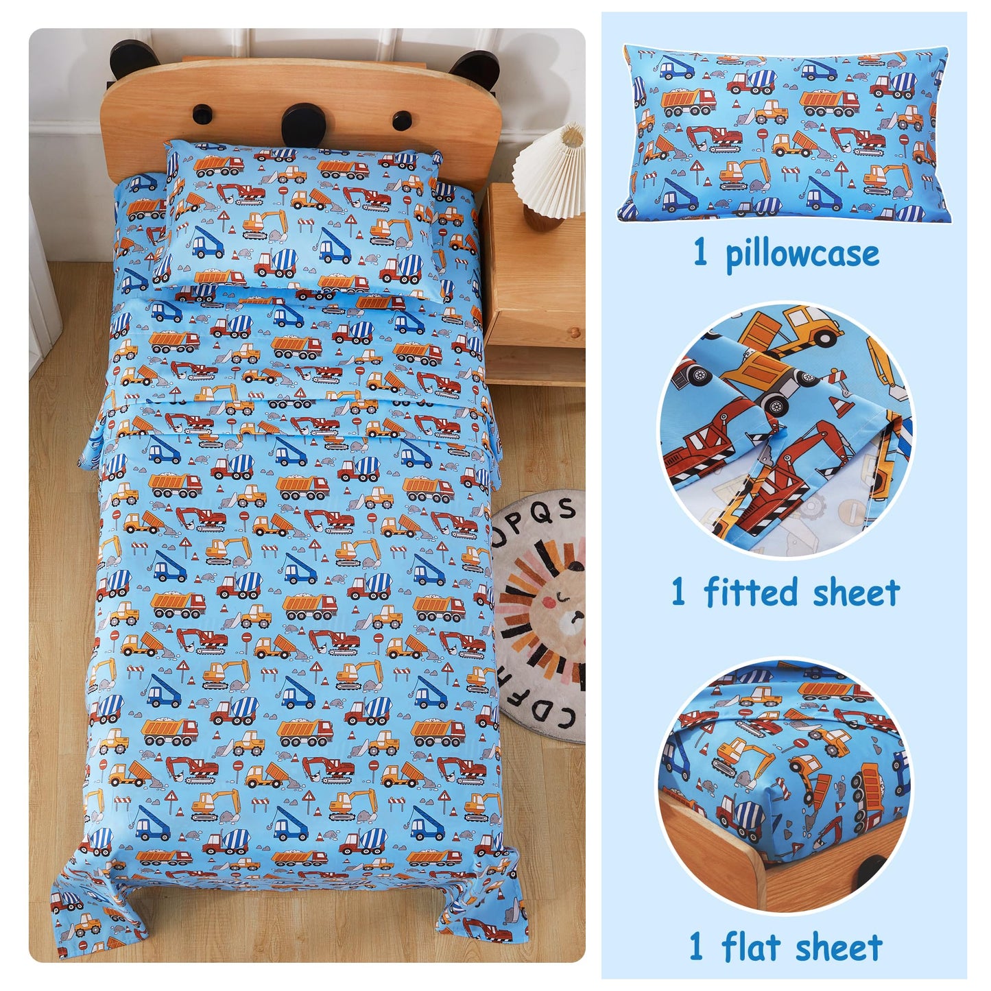 Softan Kids Bed Sheet Set, 3-Piece Twin Sheets Set, Microfiber Fitted Sheet with Corner Straps, Breathable & Silky Soft Blue Heavy Duty Vehicle Pattern Sheet and Pillowcase Sets