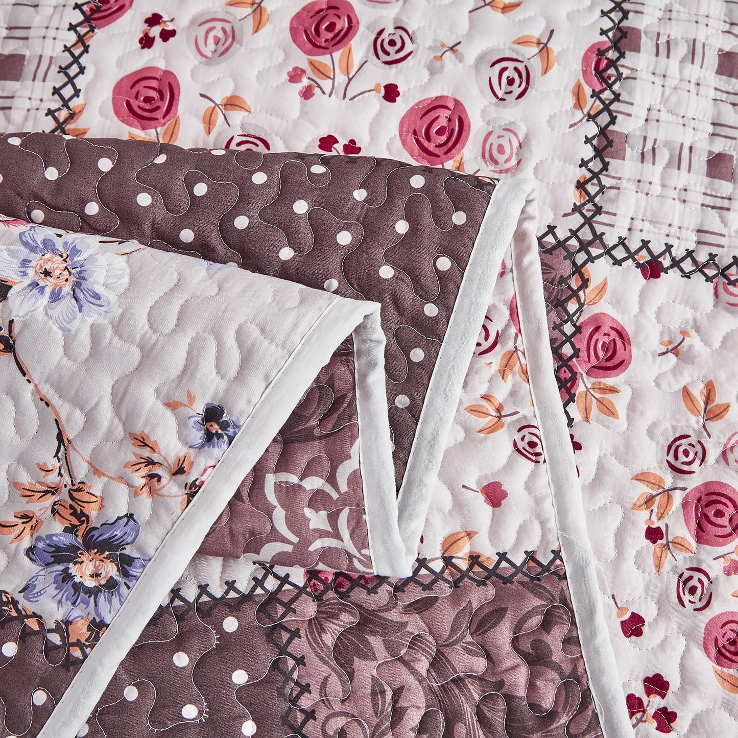 Patchwork Quilt Set Full/Queen Size, 3 Pieces Brown Floral Plaid Summer Bedspread Coverlet Set, Soft Microfiber Reversible Lightweight Bed Cover for All Season (90" x 90", 1 Quilt+ 2 Pillow Shams)