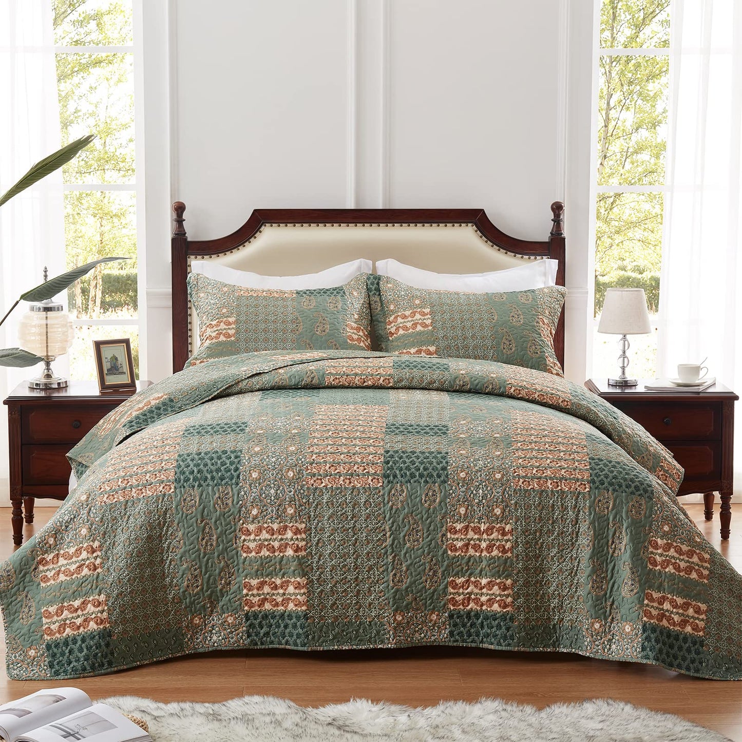LEAONME Quilt Set King Size 3 Piece Bedspread Lightweight Microfiber Floral Paisley Olive Green, 98x106 Inch