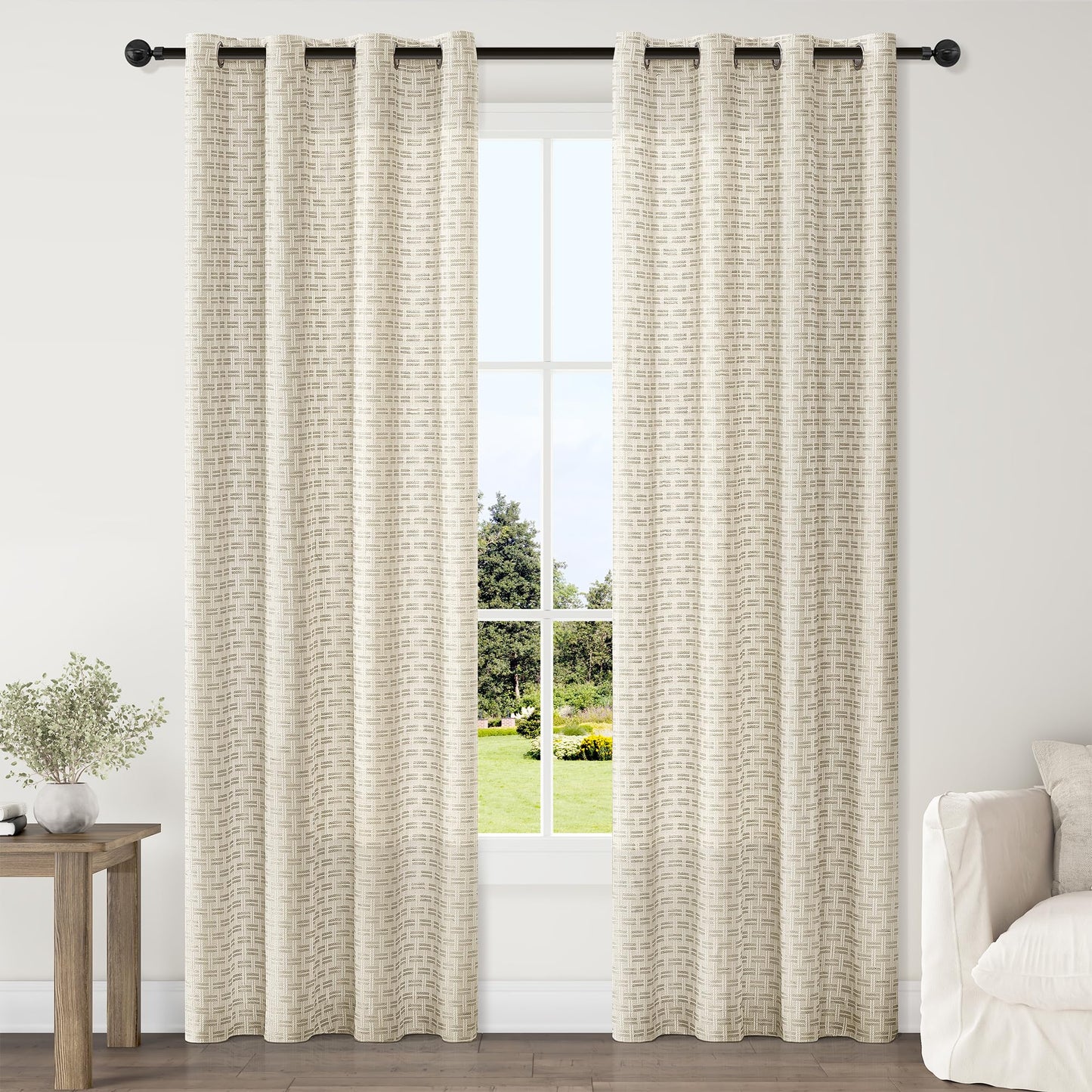 ChrisDowa Semi Sheer Natural Linen Curtains 84 Inches Long 2 Panels for Living Room Dining Room Plaid Patterned Light Filtering Voile Grommet Window Treatments Drapes Privacy Assured,52X84