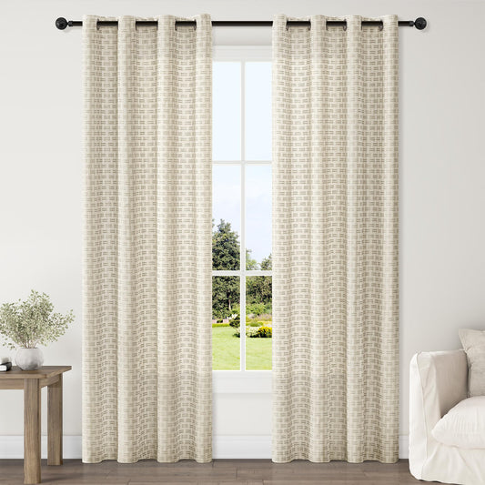 ChrisDowa Semi Sheer Natural Linen Curtains 84 Inches Long 2 Panels for Living Room Dining Room Plaid Patterned Light Filtering Voile Grommet Window Treatments Drapes Privacy Assured,52X84