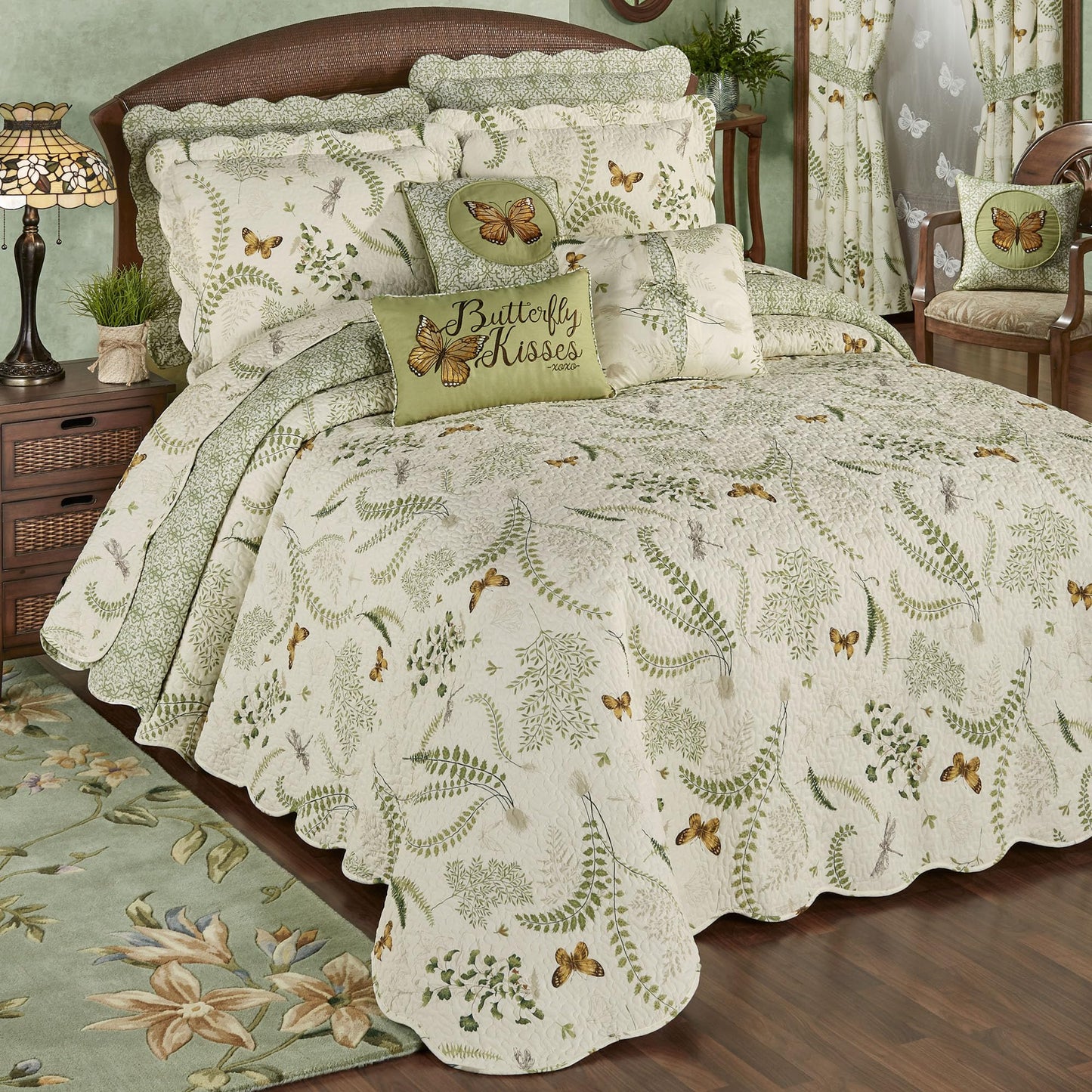 Butterfly Eden Reversible Quilted Oversized Bedding | Nature Medallion Butterfly Dragonfly Fern Leaves | Eggshell, Golden Yellow, Green | 3 Piece Set Includes: Queen Bedspread and 2 Standard Shams
