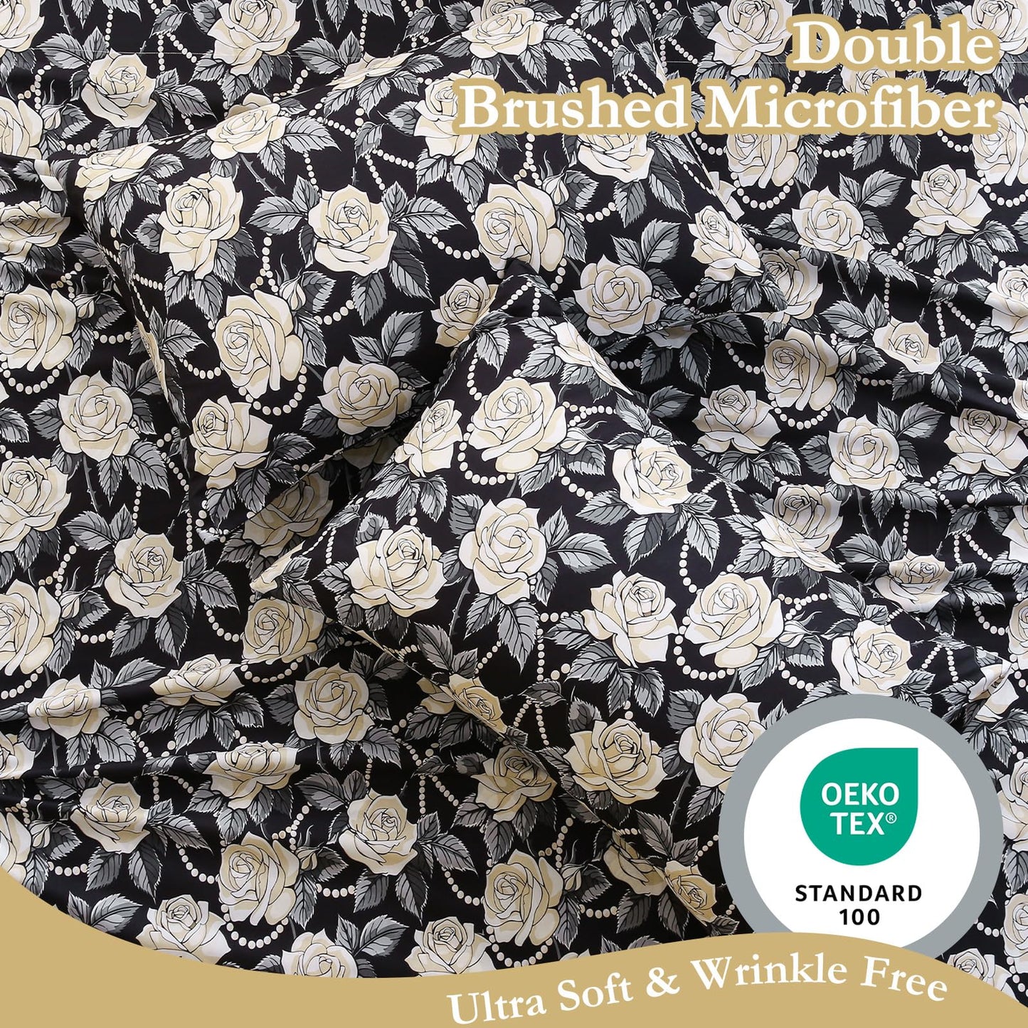 MICORAL Black White Rose Boho Floral Queen Sheet Set, 4-Piece Printed Botanical Bed Sheets, 16" Deep Pocket, Ultra Soft & Cooling Sheet, Oeko-TEX Certified, Black White Rose