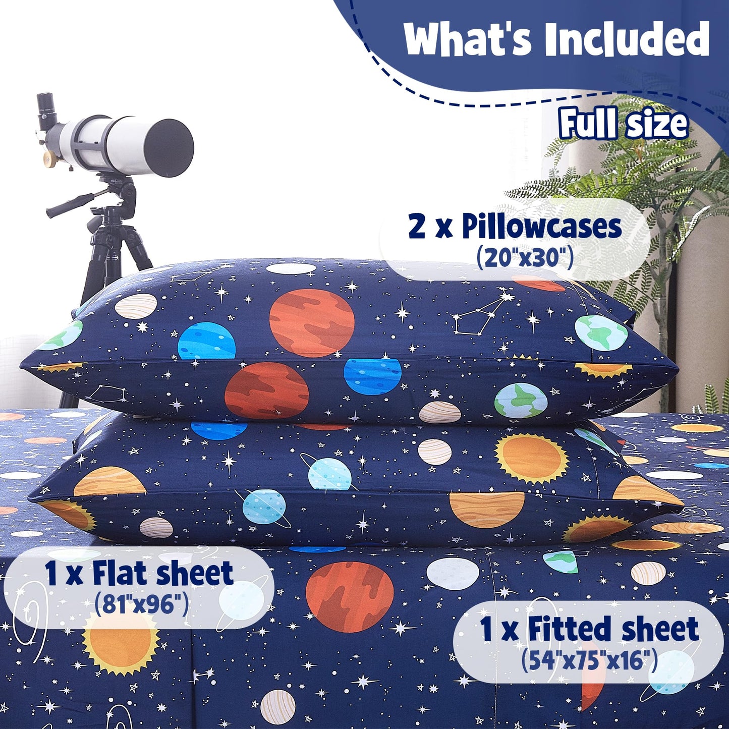 CozySmile Full Sheet Set Kids,4 Pieces Breathable Soft Microfiber Bedsheets for Child Boys, Oeko-TEX, Anti Pilling Deep Pockets Easy Care Bed Sheets, Planet