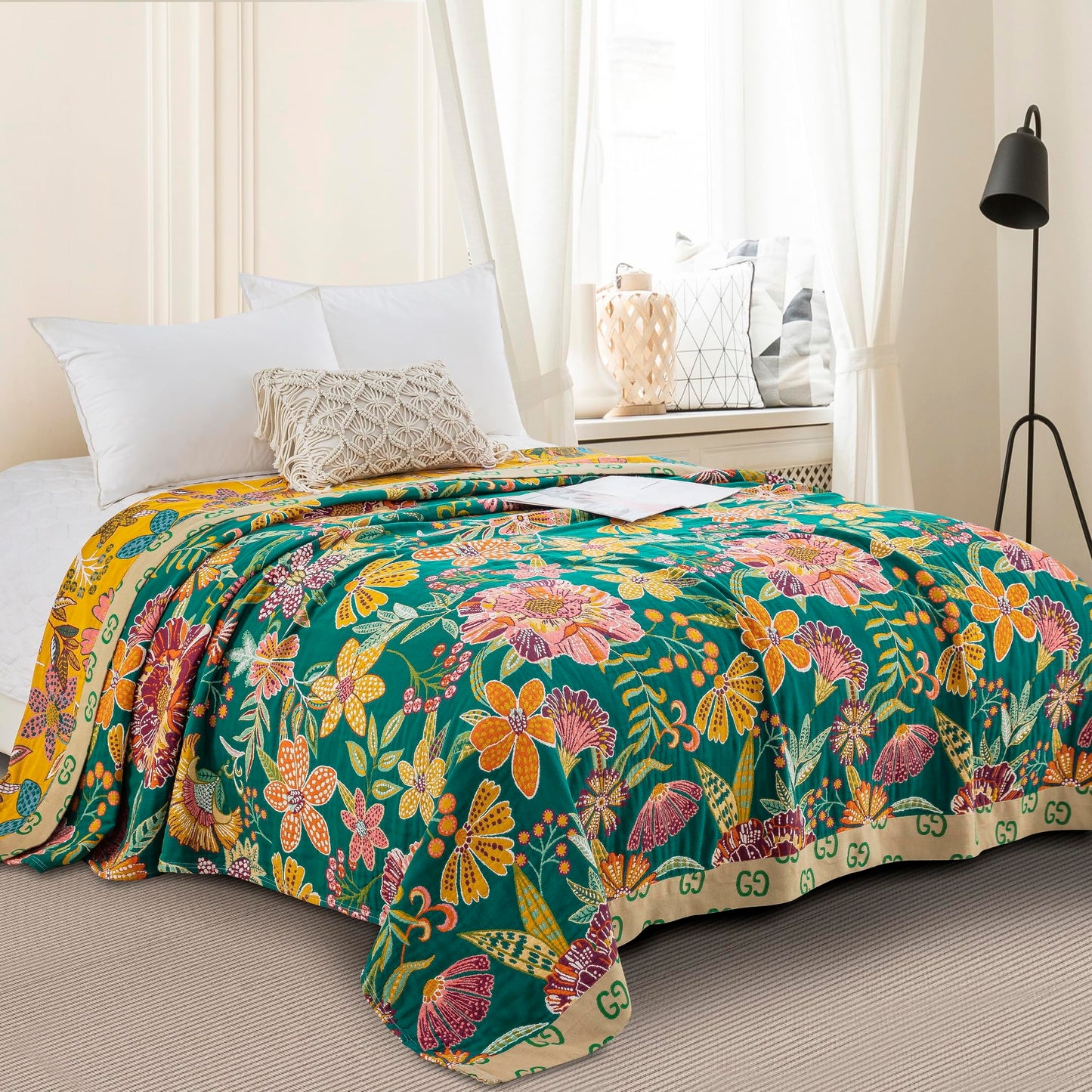 Purefair 100% Muslin Cotton Throw Blanket for Bed Couch Chair, Bohemian Floral Colorful Retro Quilt Ultra Soft Reversible Gauze Blanket for All Season, 60"x80"