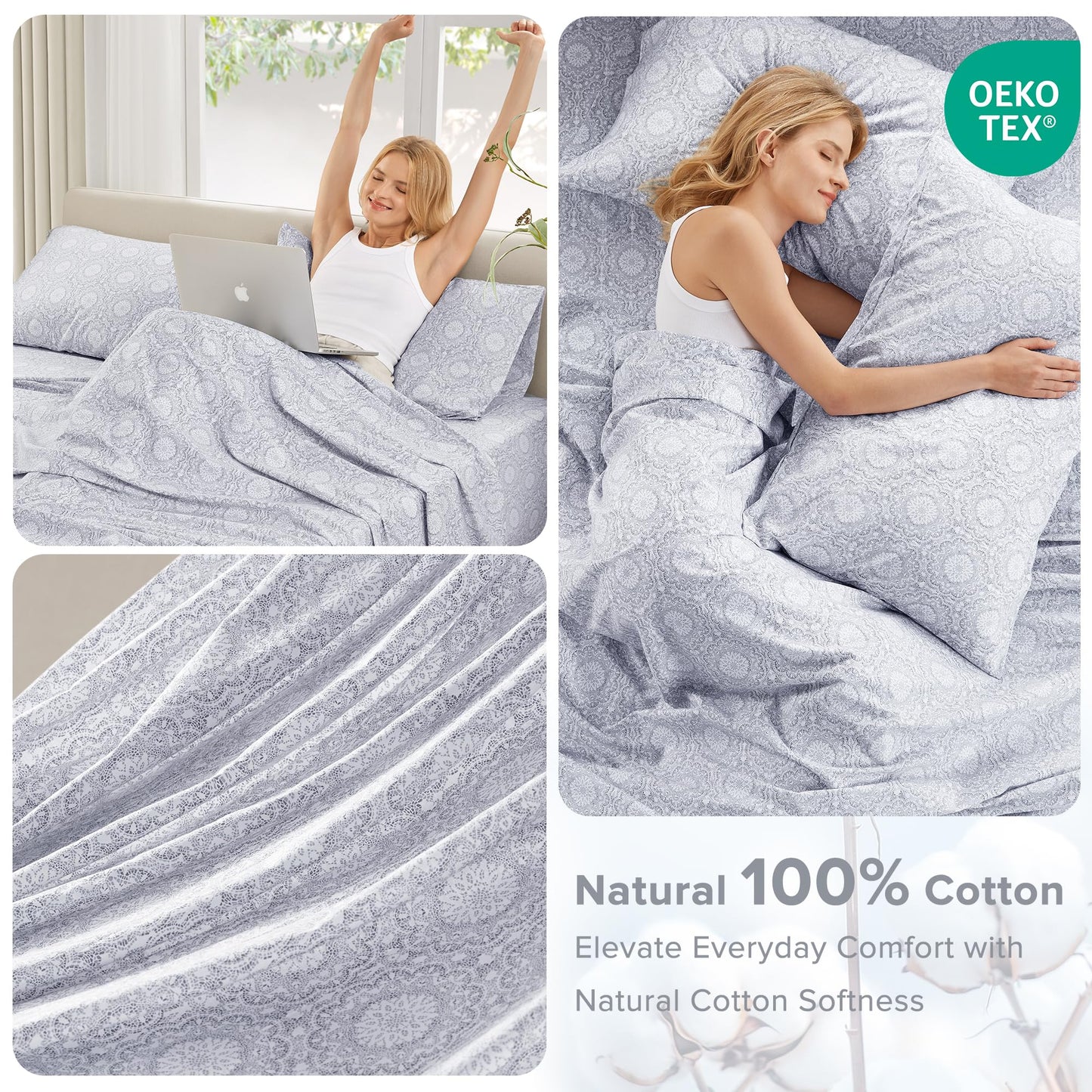 Comfort Spaces 100% Cotton Sheet Set Breathable, Lightweight, Soft with 14" Elastic Pocket Fits up to 16" Mattress, All Season Cozy Bedding, Matching Pillow Case, Cal King Adelia Gray 4 Piece