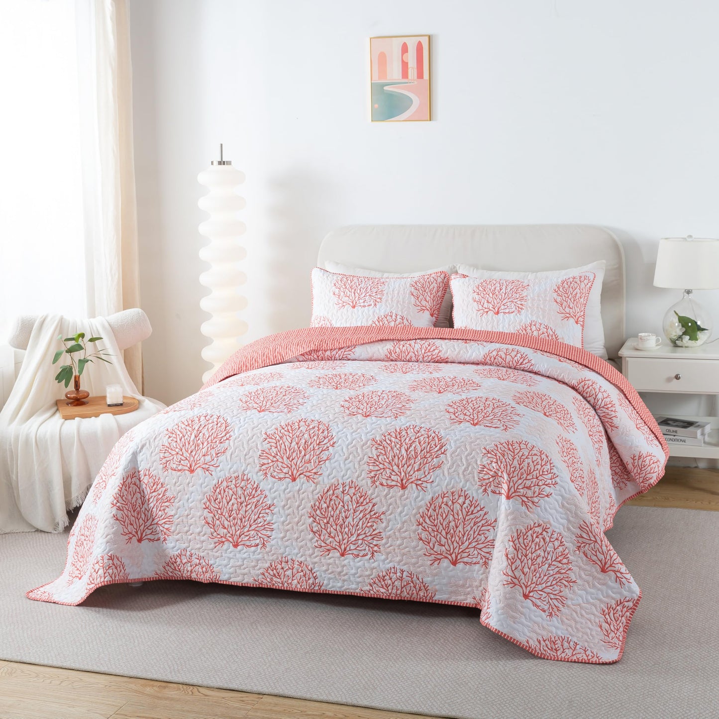 Soul & Lane Coastal Quilt Set - King and 2 Shams, Quilted Coastal Bedspread with Beach Theme, Ocean Bedding Set, Summer Nautical Quilt, Beachy Comforter with Tropical Motif, Sea of Coral