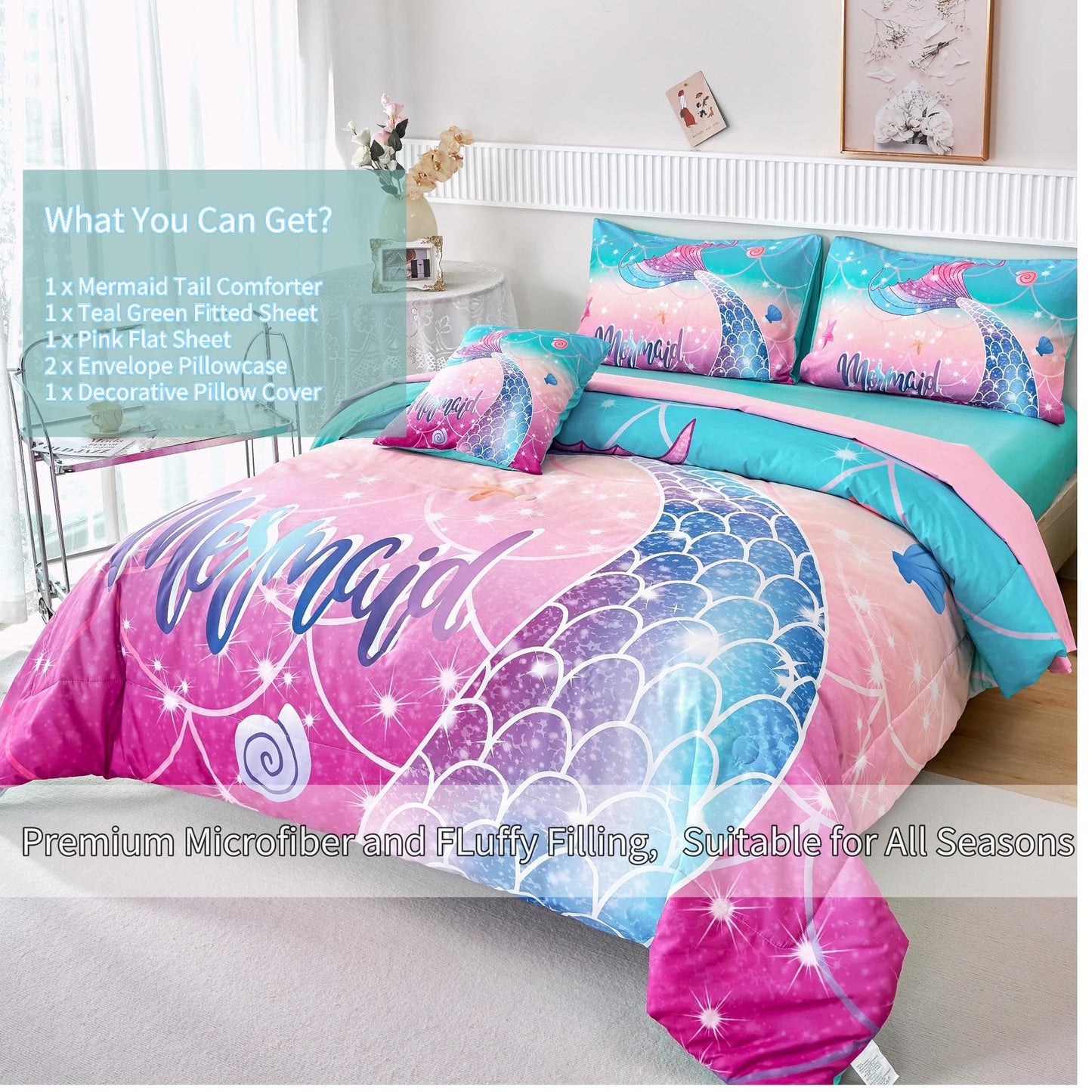 RYNGHIPY Kids Girls Comforter Set 6Pcs, Mermaid Bed in a Bag Twin Size, Fish Tail Print Teens Girls Bedding Set, Rainbow Bedding Collections