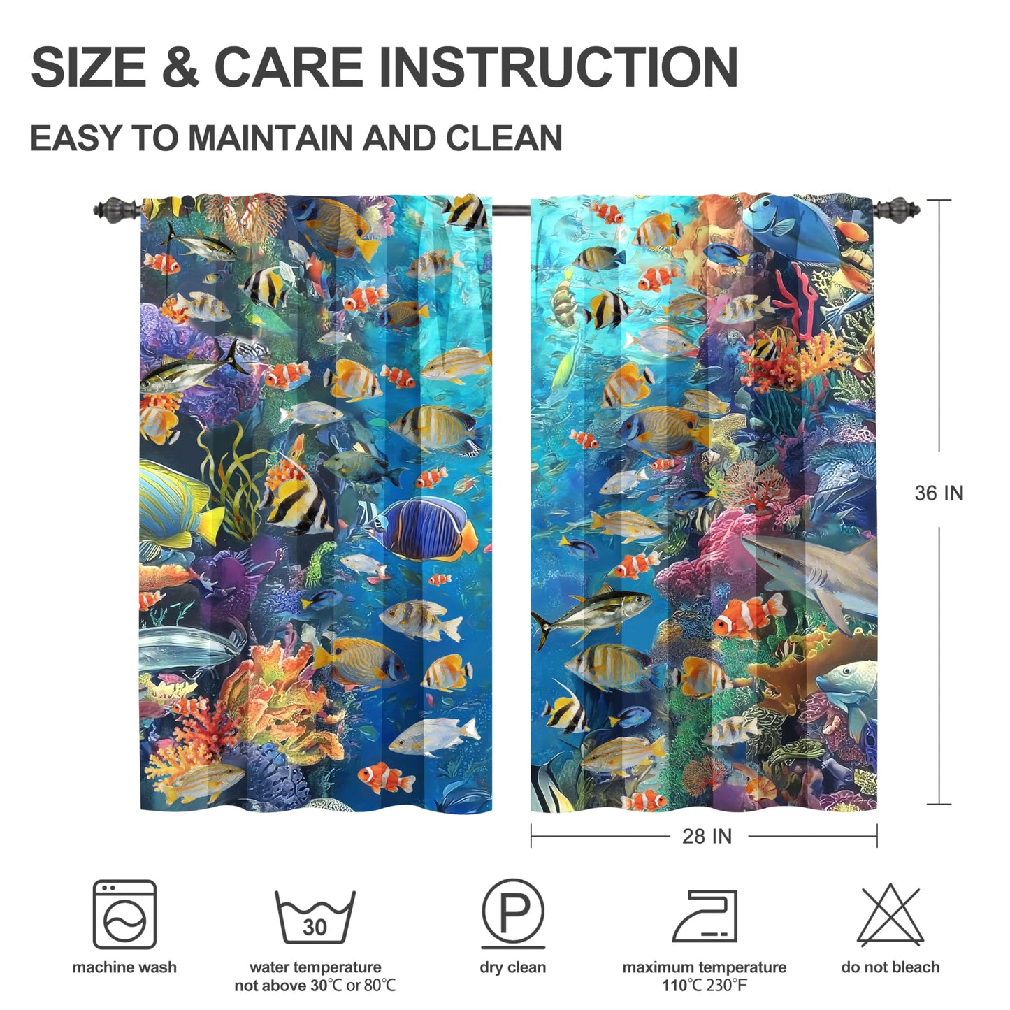 Ecixzyo Fish Kitchen Curtains Short Rod Pocket Drapes Tiers Window Curtains for Basement Bathroom 2 Panels 28x36in