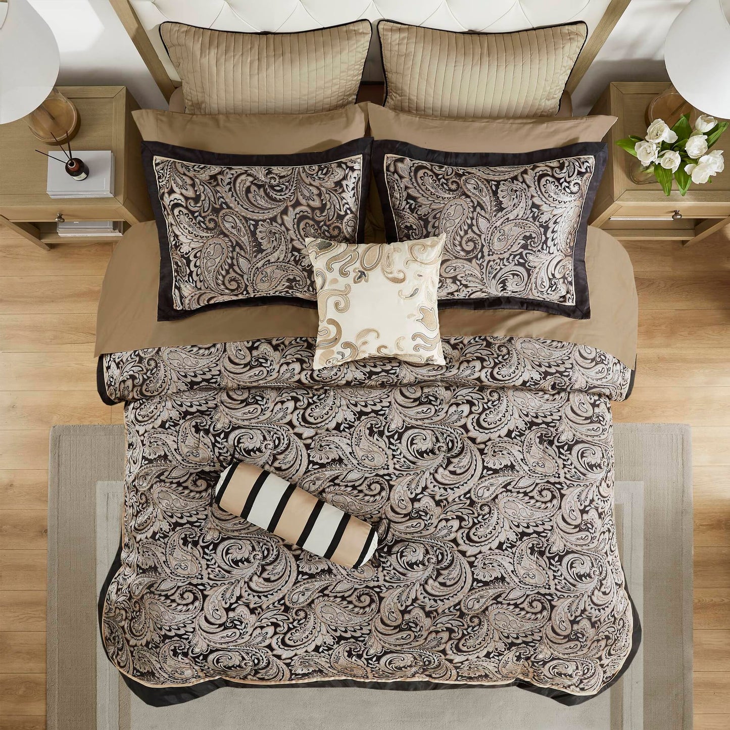 Madison Park Aubrey Cozy Comforter Set, Faux Silk Jacquard Paisley Design - All Season Down Alternative Bedding with Cotton Bed Sheets, Bed Skirt & Toss Pillows, Queen Black 12 Piece