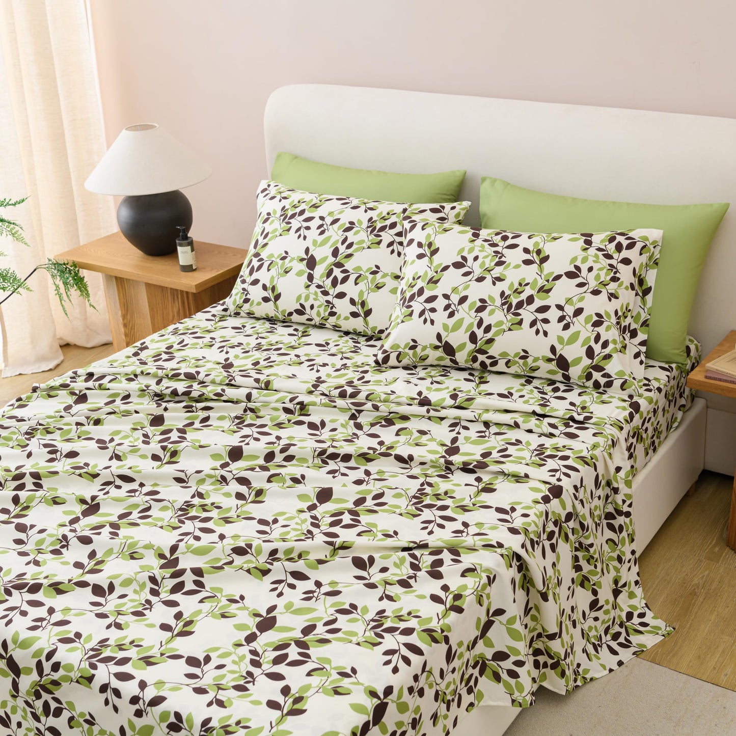 Spirit Linen Home 6-Piece Queen Size Bed Sheet Set - Deep Pocket, Green Leaf Pattern, Soft and Breathable Bed Sheets, Microfiber Material, Includes 1 Fitted, 1 Flat, 4 Pillowcases - Beige/Green Leaves