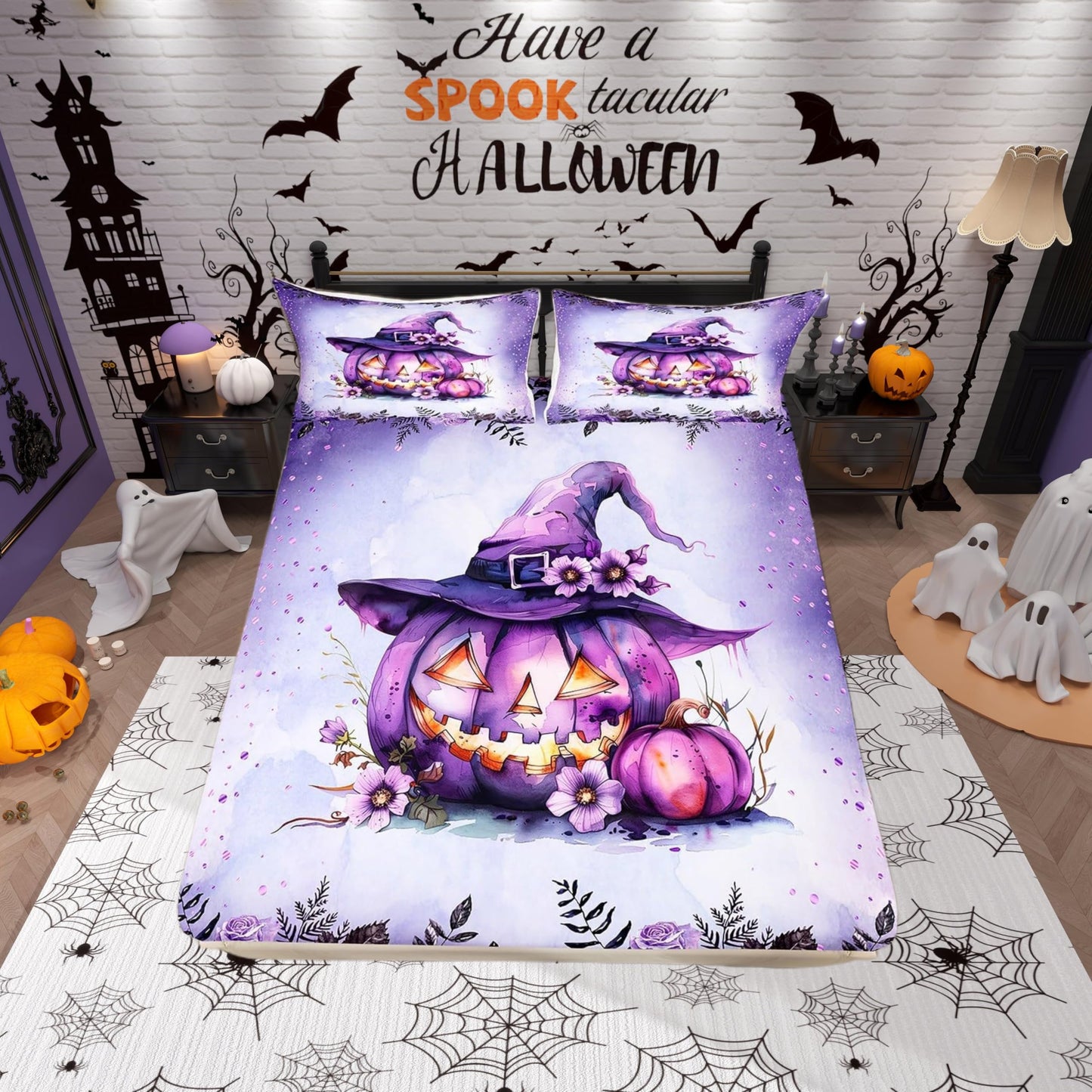 Castle Fairy Watercolor Flowers Fitted Sheet Set with 2 Pillowcase,Gothic Purple Halloween Theme Microfiber Mattress Cover,Pumpkin Lantern Bed Cover Queen Size