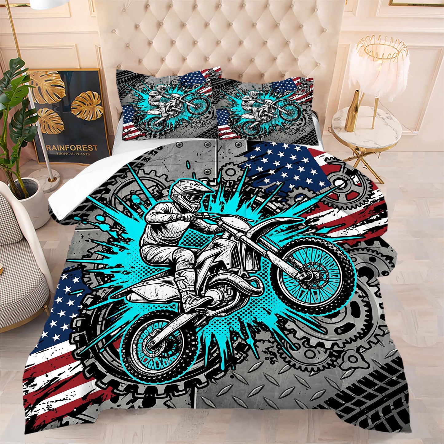 VTKON Motorcycle Comforter Set for Teens Queen 3Pcs with 1 Comforter and 2 Pillowcases Cool American Flag Bedding Boys Cool Bed Set Microfiber for All Season