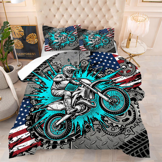 VTKON Motorcycle Comforter Set for Teens Queen 3Pcs with 1 Comforter and 2 Pillowcases Cool American Flag Bedding Boys Cool Bed Set Microfiber for All Season