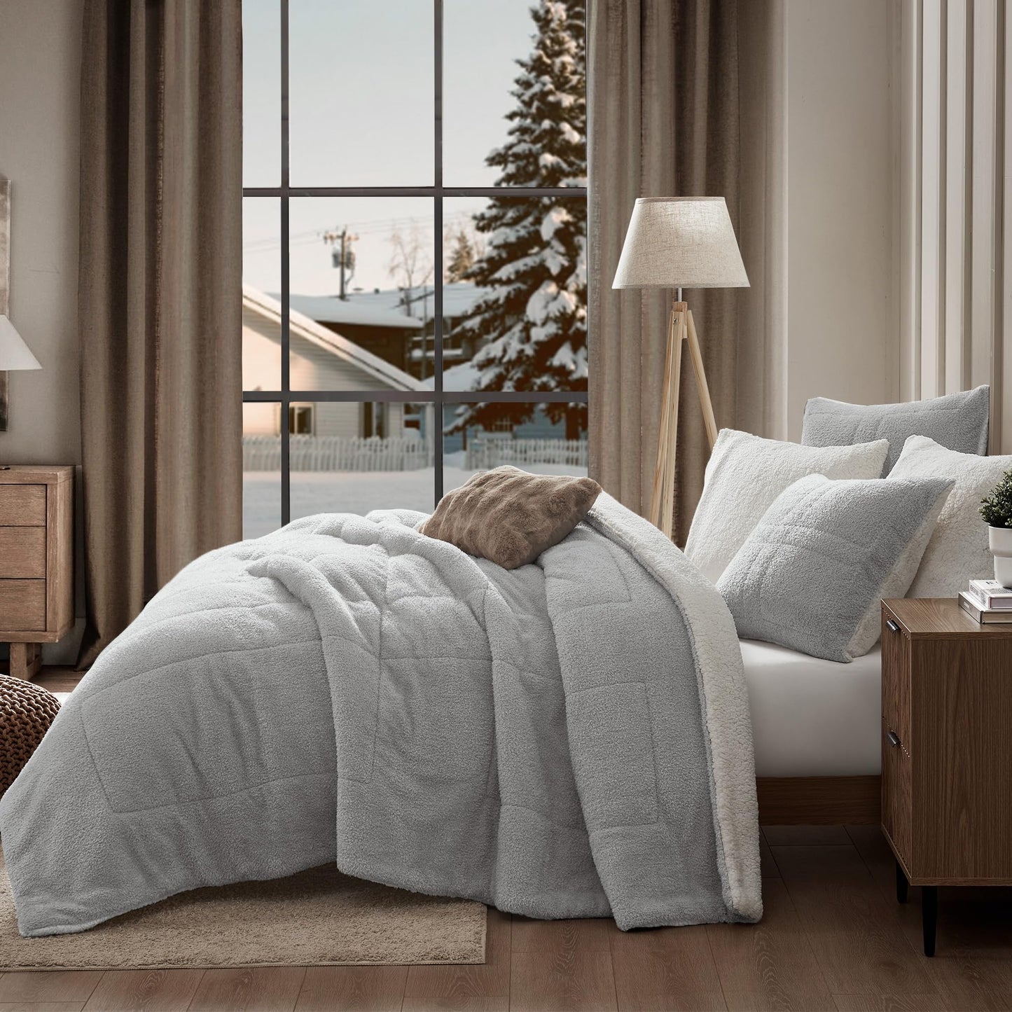 Wonderful Grey Tufted Textured Fleece Comforter Set King Size, 3 Pieces Fluffy Faux Teddy Fur Lightweight Comforter Sets with Pillow Shams, Soft Shaggy Plush Bedding Set for Winter