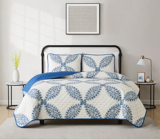 CANNON Abigail Quilt Set Cream and Blue Polyester 3-Piece King Quilt Set, Floral Themed, for Men and Women, Oeko-TEX Certified Confidence