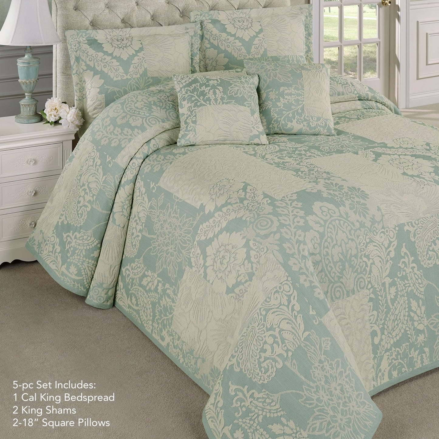 Maisonette Lightweight Bedding | Ivory & Spa Aqua Blue | Jacquard-Woven Cotton/Polyester Florals & Paisley Blocks | 5 Piece Bed Set: California King Bedspread, 2 King Shams, & 2 Square Accent Pillows
