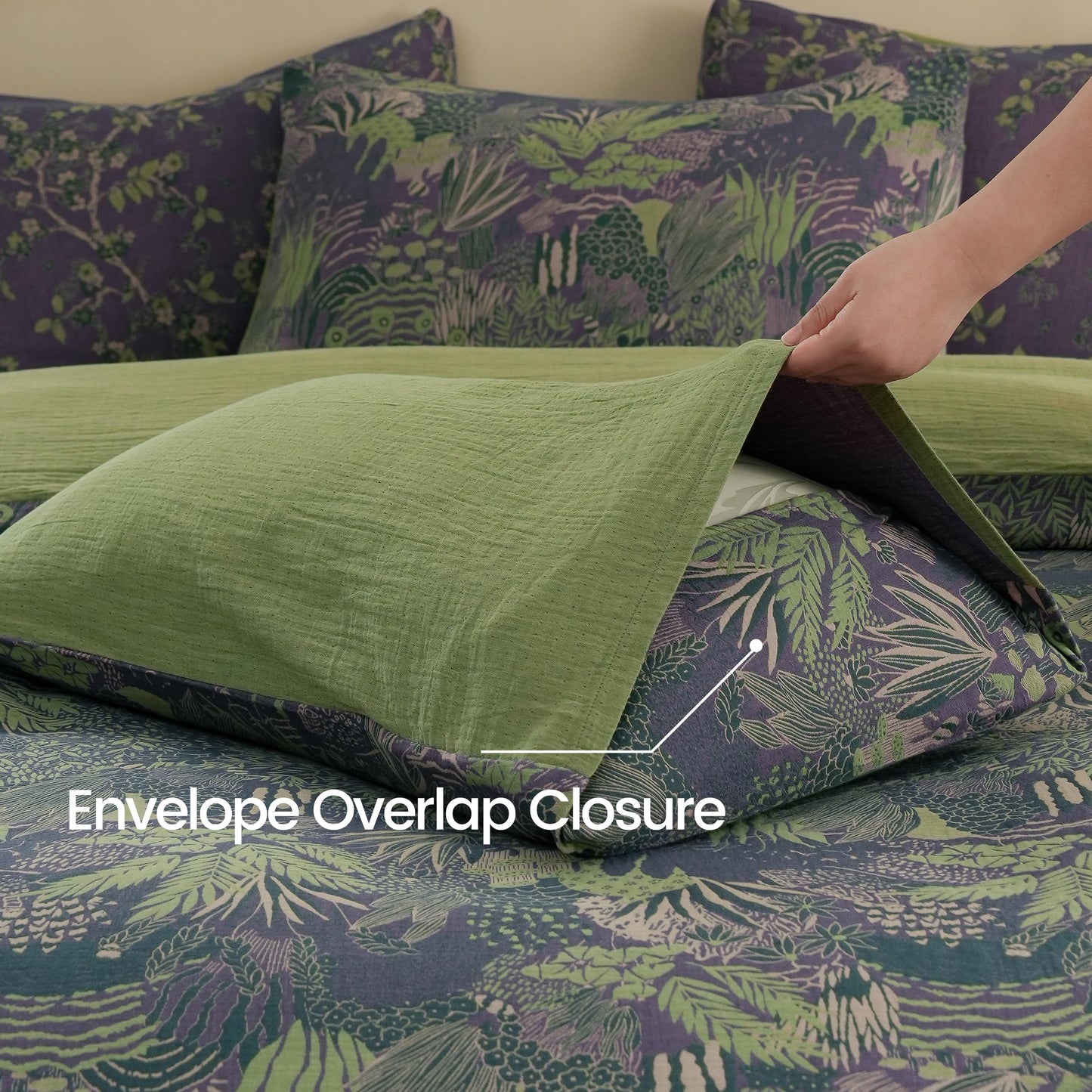 BISELINA 100% Cotton Muslin Duvet Cover Set Queen, 3 Pcs Yarn-Dyed Jacquard Textured Reversible Botanical Floral, Soft and Breathable Bedding Set with Zipper Closure, Purple Green