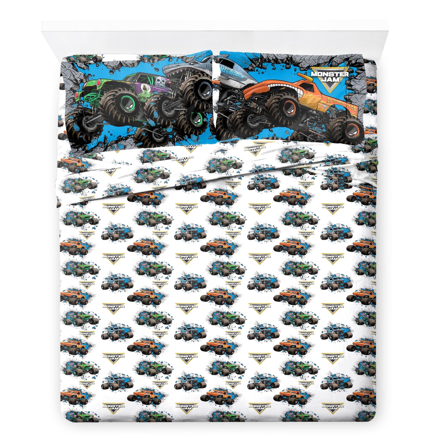 Jay Franco Kids Comforter Set Includes Sheets and Pillow Covers - Soft and Cozy Bed Set for Stylish Room Decor, Gray - Monster Jam 01, 7 Piece Full Size Bedding