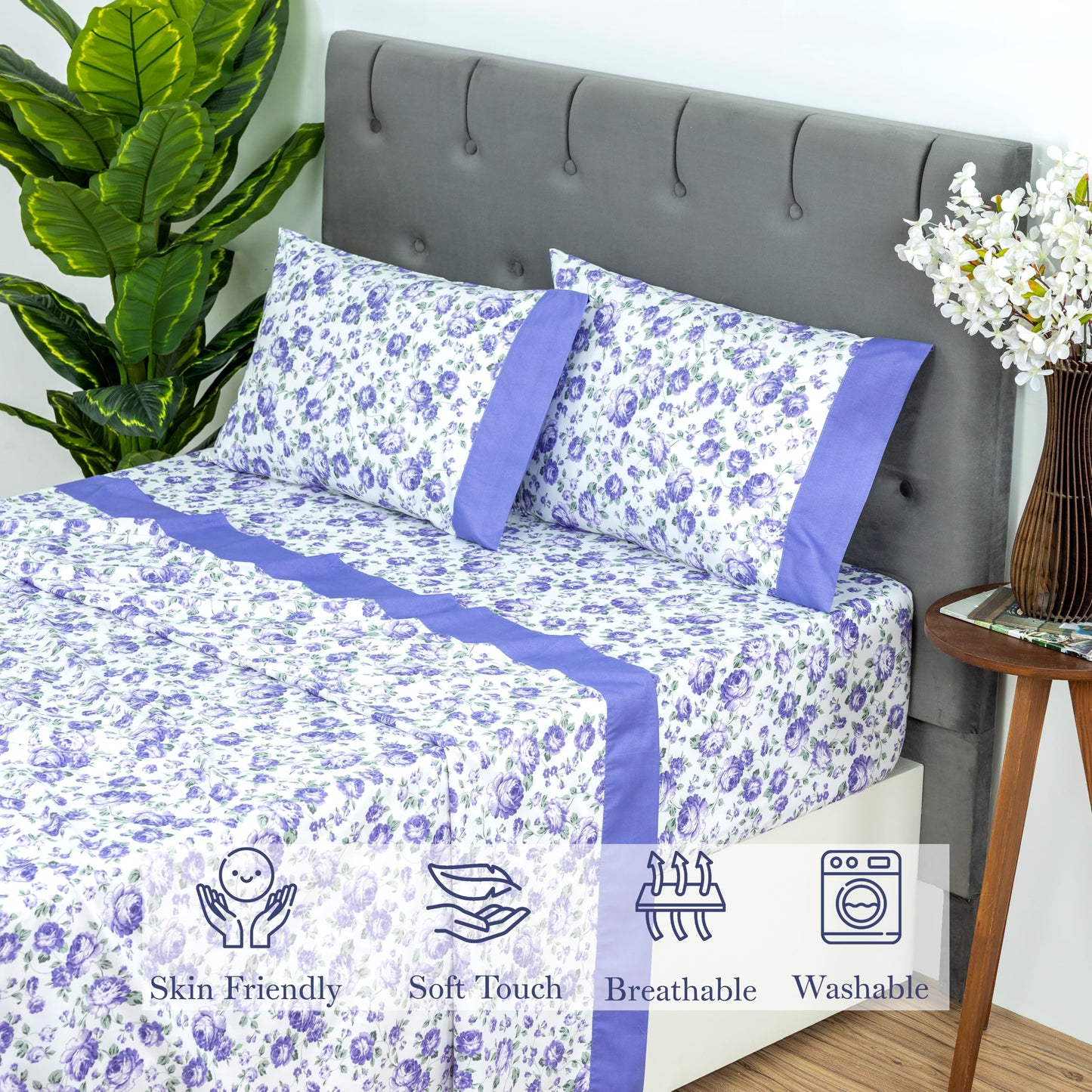 Dreamology Queen Sheet Set,4 Pieces Microfiber Sheet, Printed Sheet Set with Solid Cuffed Detail, Includes 1 Flat Sheet,1 Deep Pocket Fitted Sheet and 2 Pillowcases, Queen Bed Sheets (Purple Blossom)