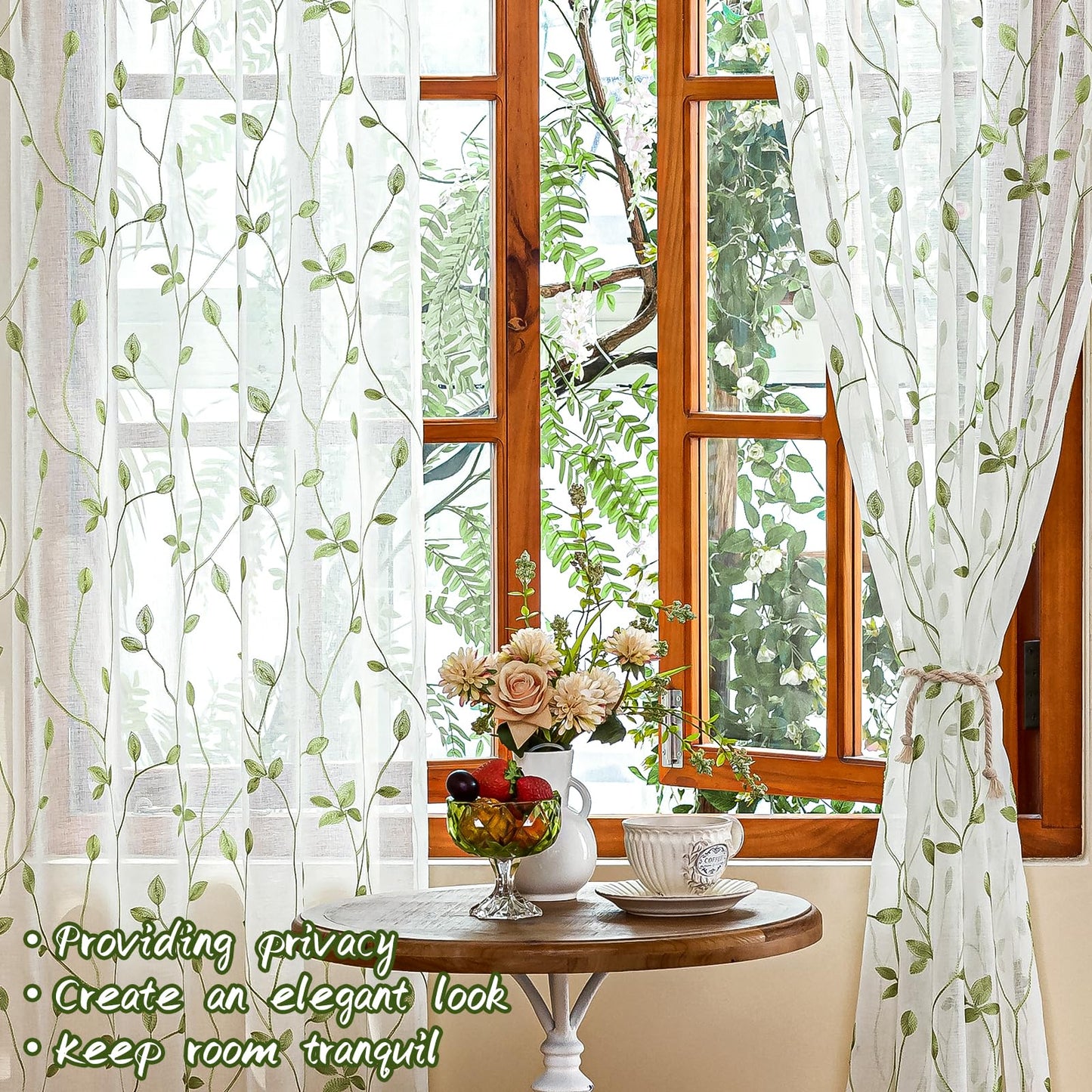 AmHoo 2 Panels Embroidered Leaf Pattern Semi Sheer Curtains Foliage Floral Voile Window Draperies Treatment for Bedroom Living Room Rod Pocket White Light Green 53 x 95 Inch