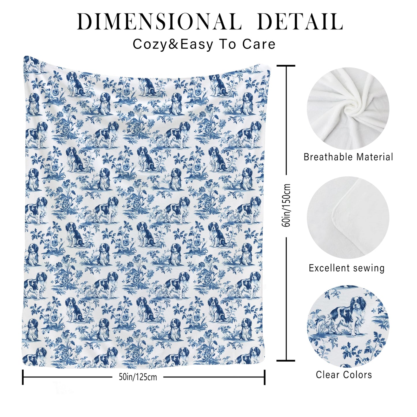 BUJSP Chinoiserie Cavalier King Charles Spaniel Blanket, Cavalier King Charles Spaniel Gifts, Blue and White French Country Toile Dog Throw Blanket for Home Bedroom Couch Bed Decor, 50x60 Inches
