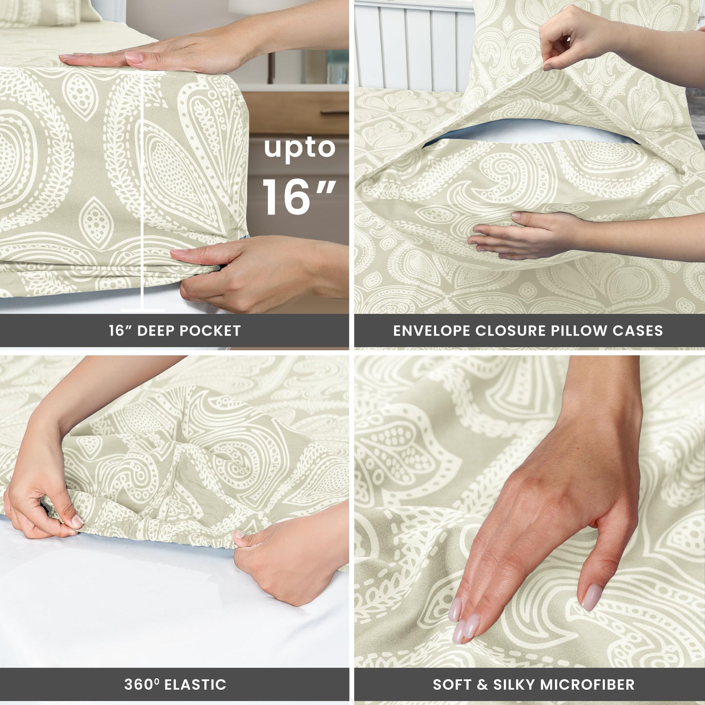 Ultra Soft Wrinkle-Free Microfiber Paisley Twin XL Sheet Set, Cute Floral Pattern Boho Print – 16" Deep Pocket Fitted Sheet, Flat Sheet & 2 Pillowcases, Breathable, OEKO-TEX - Ivory