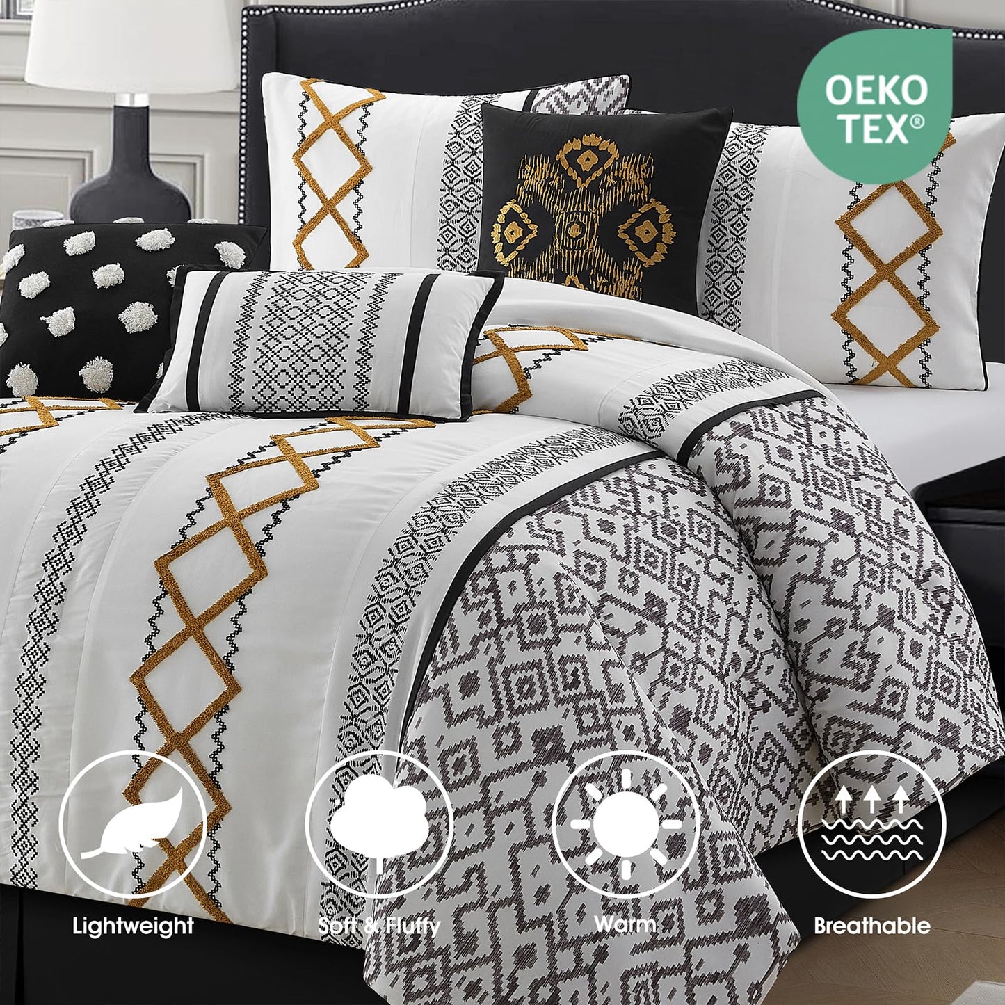 LANCO MODERN LIFESTYLE Black Gold Queen Comforter Set, 15 Pieces All Season Bedding Set with Geometric Terry Embroidered with Sheets, Bedskirt, Pillow Shams and Cases, Decorative Pillows and Curtains
