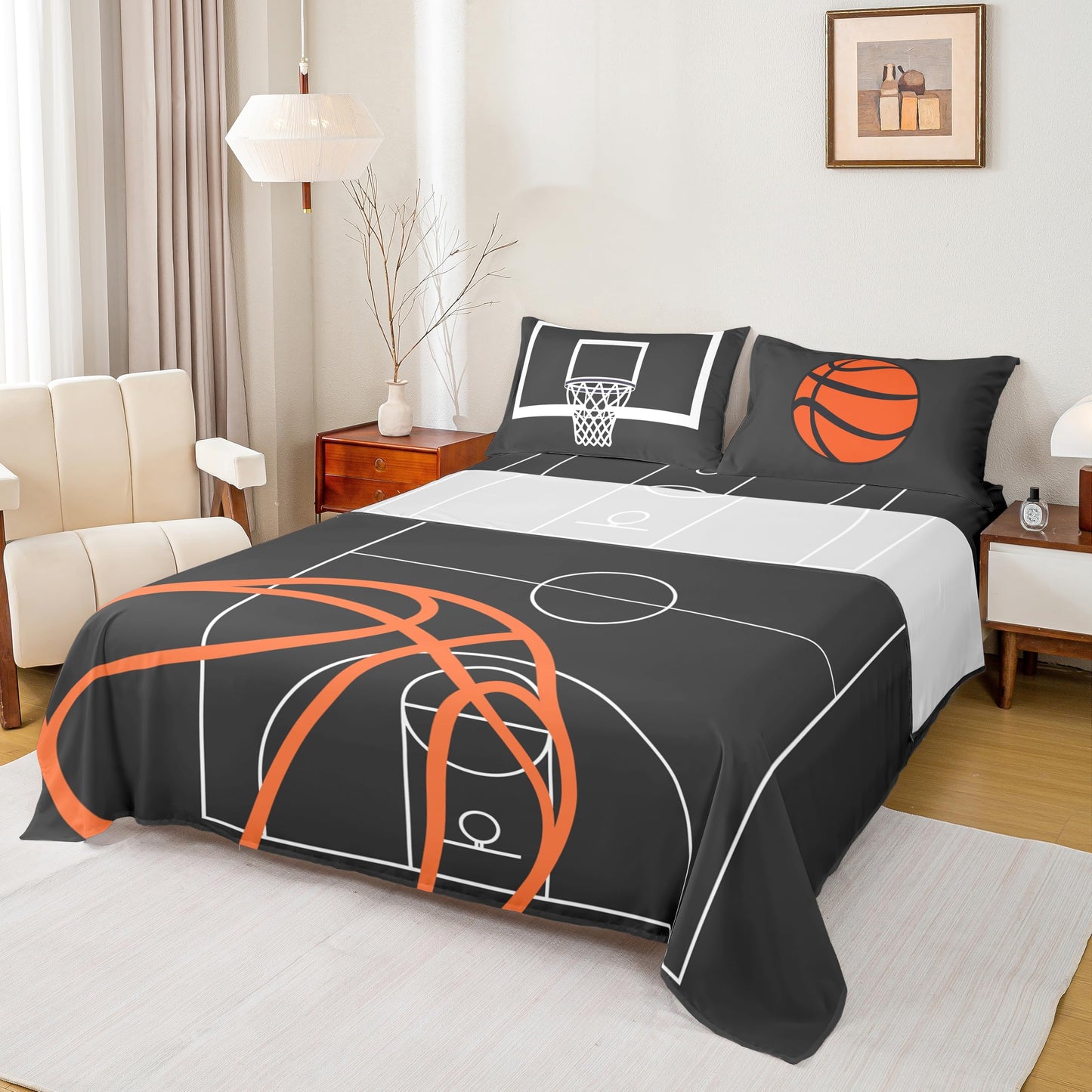 Basketball Court Print Fitted Sheet Set Full Size 4Pcs,Ball Sports Games Themed Bedding Set(1 Fitted,1 Flat,2 Pillows),Orange Basketball and Hoop Deep Pocket Bed Sheets for Girls Teens Room