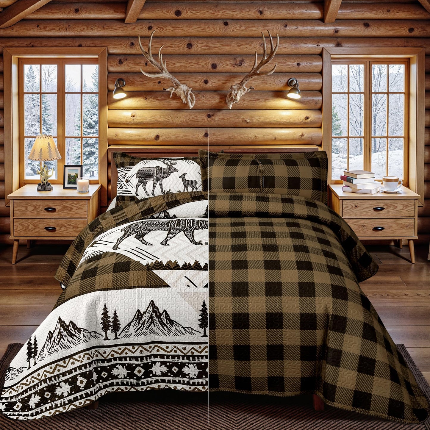 3 Piece Cabin Full/Queen Quilt Sets Farmhouse Rustic Reversible Microfiber Soft Lightweight Bedspread Comforter with 2 Shams Patchwork Country Lodge Bedding Quilts Set for All Season, 90''x96'', Brown