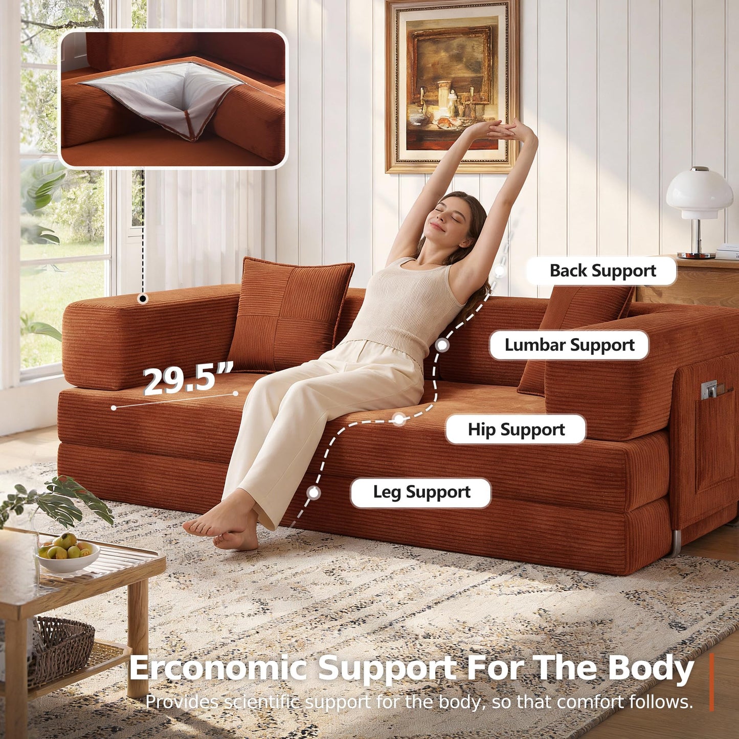MoonSpeak 78.8''Sleeper Couch Bed for Livingroom，Convertible Modular Sofa with Armrest Pillow，Modular Fldable Corduroy Couches in a Box,No Assembly (Rust Red)